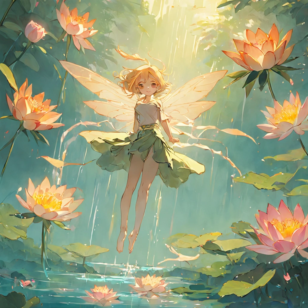 A fairy flying around a flowering water lily pond on the back of a dragonfly descends to a lotus leaf and unravels her body with gymnastics