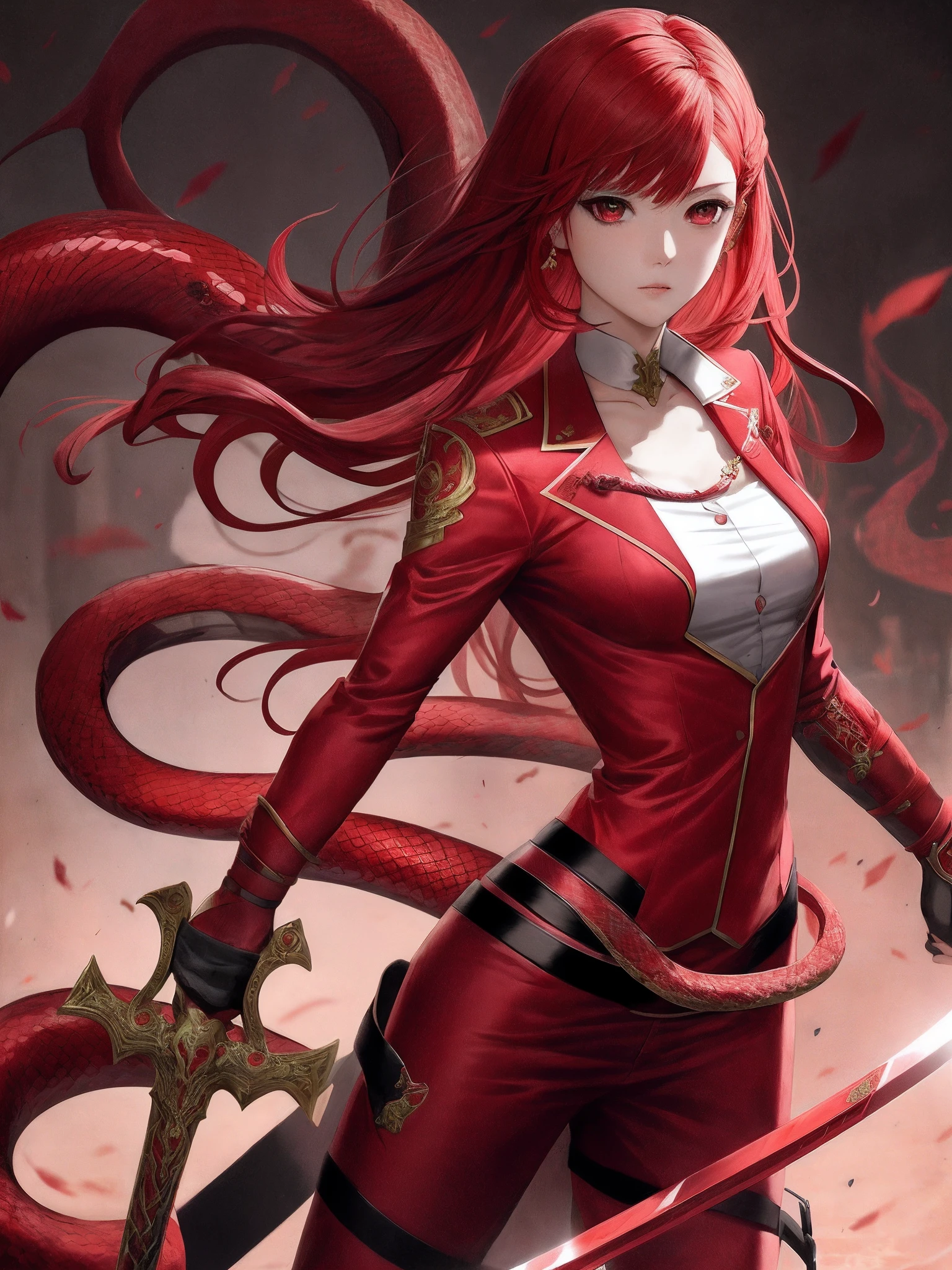 Girl, red pink Blood, Serpent, Scarlet Hair, Musculine, sword, suit