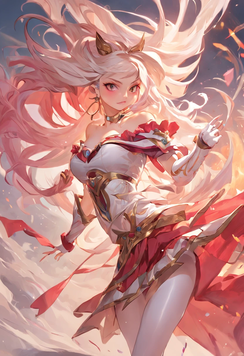 style of league of legends，Woman in off-the-shoulder outfit，Flying life-size colorful long hair，serious expressions，Complicated costumes，The clothes are engraved with beautiful patterns，Reveal white thighs，Wear white tights，The long skirt sways in the wind，Fight in blood