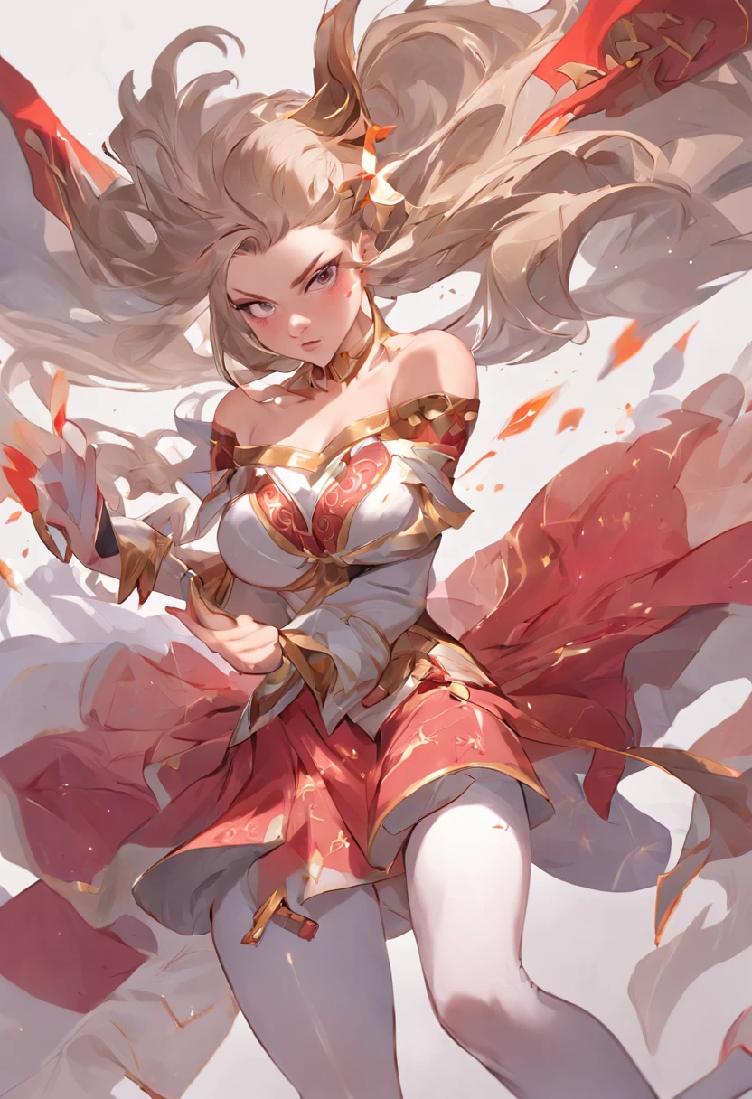 style of league of legends,Woman in off-the-shoulder outfit,Flying life-size colorful long hair,serious expressions,Complicated costumes,The clothes are engraved with beautiful patterns,Reveal white thighs,Wear white tights,The long skirt sways in the wind,Fight in blood