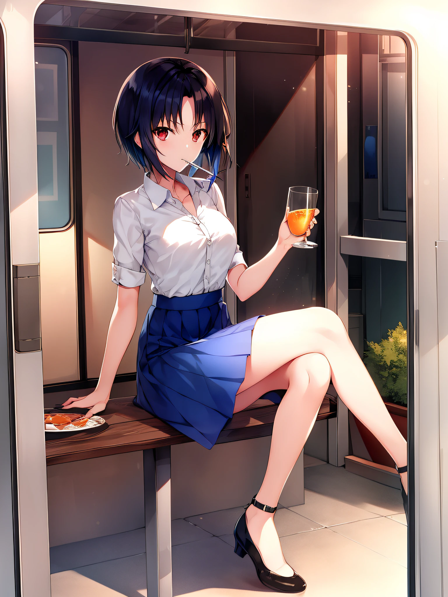 in container, 1girl, solo,short hair,red eyes,blue skirt,black hair,full body, sitting ,drinking glass,in drinking glass,looking at viewer