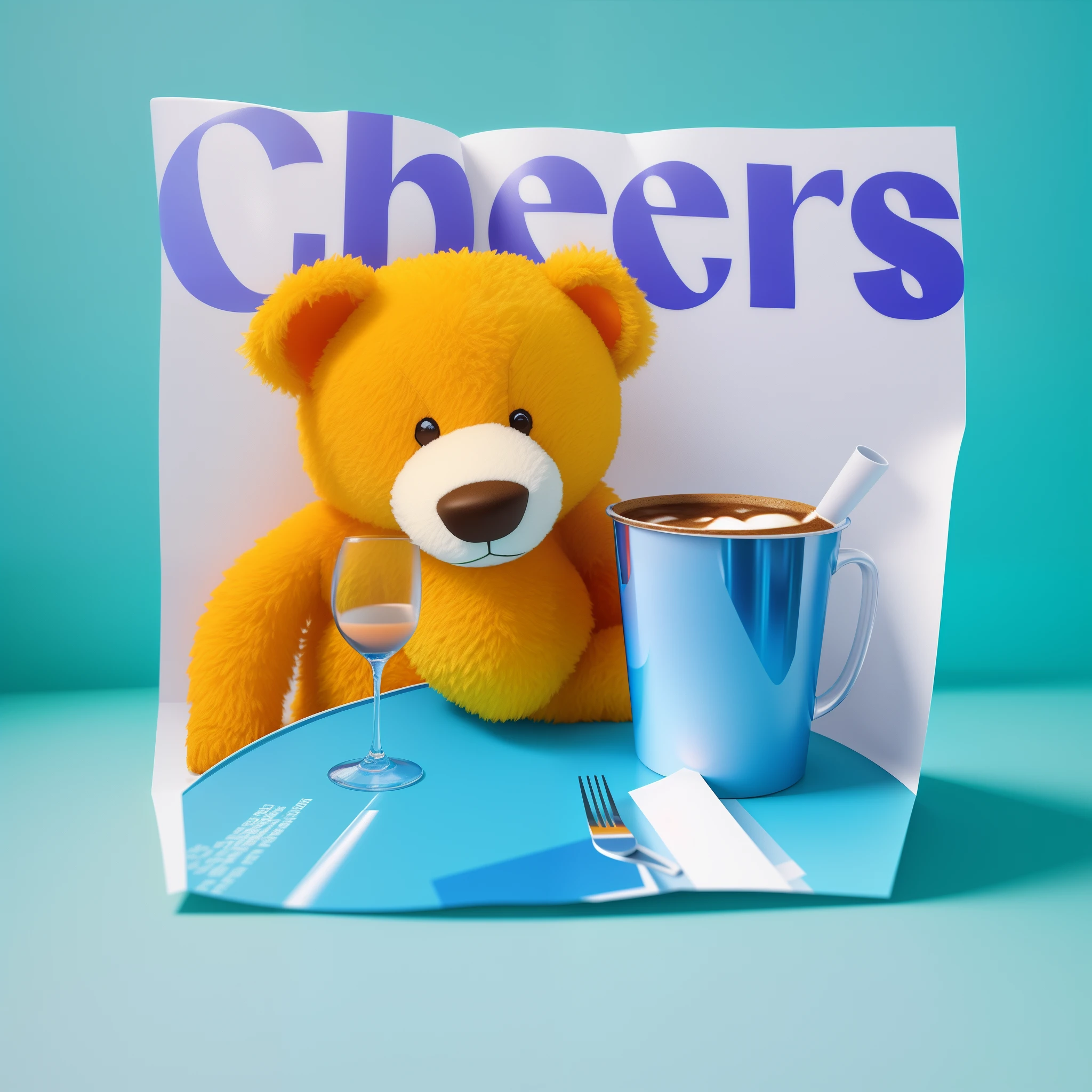There's a teddy bear sitting next to a cup of coffee, inspirado em Jeff Koons, obrigada, inspirado em Chris LaBrooy, imagem fotorrealista da revista, Directed by: Jeff Koons, Directed by: Chris LaBrooy, promotional render, pbr render, photographic render, renderizado em cinema4d, renderizado em cinema 4 d, photoreal render, na capa de uma revista