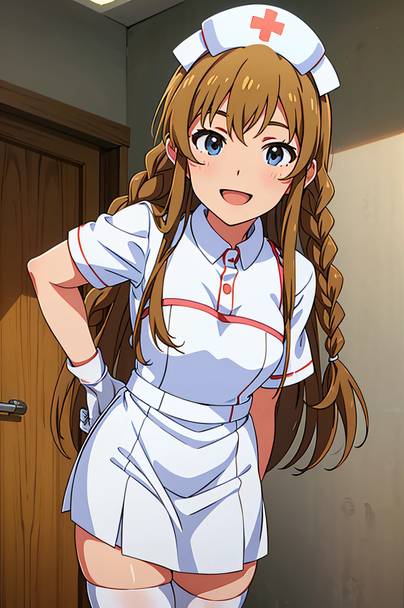 umi kousaka (million live), twin braids, long hair, solo, Nurse, ((White nurse cap, White nurse uniform)), ((White legwear, zettai ryouiki)), White Gloves, Smile, Standing, ((Hospital room)), sharp outline, Short sleeves, Best Quality, masutepiece