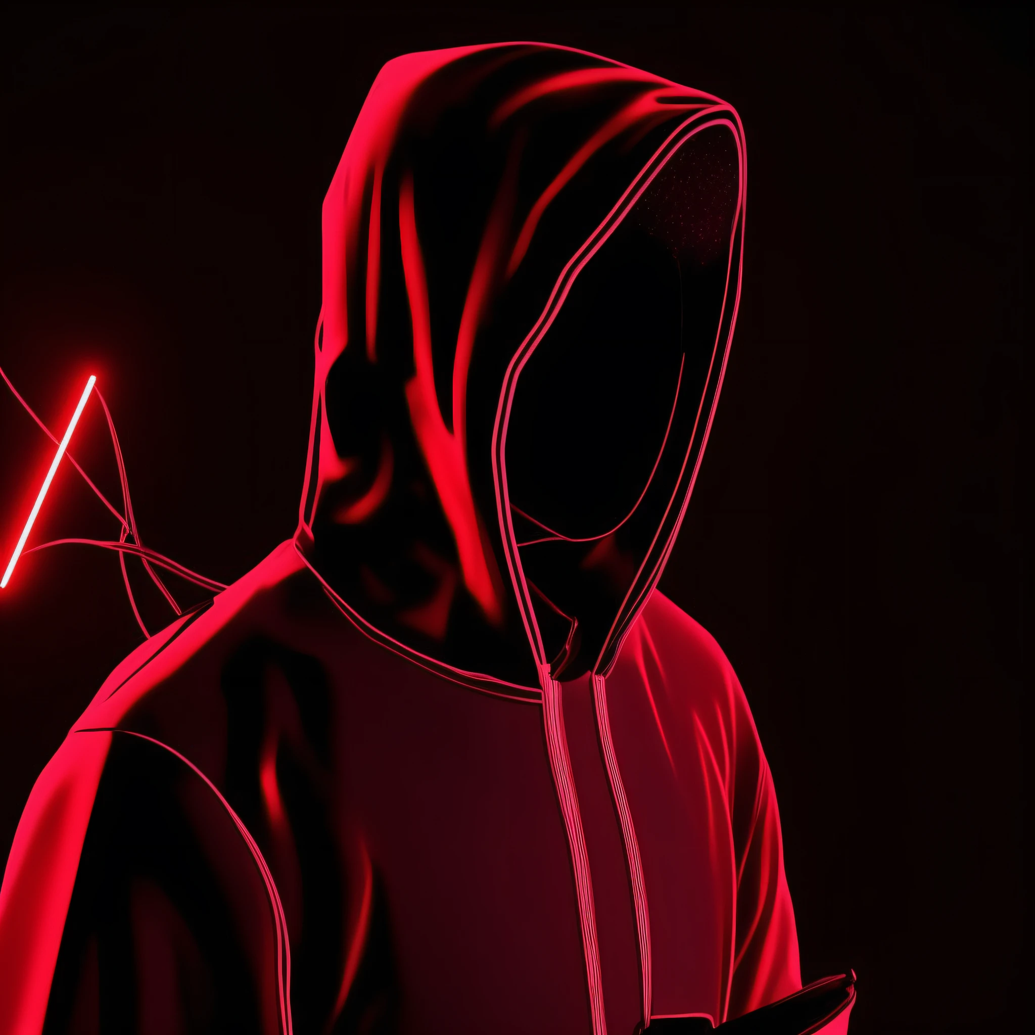 moletom com capuz com flecha de neon e uma pessoa segurando um celular, um assassino encapuzado uma bengala, hacker, figura encapuzada, usando um capuz vermelho, usando um capuz escarlate, com capuz, figura encapuzada surreal, Capuz vermelho, Cybernetic style, cyber noir, encapuzado, Capa e capuz vermelho e preto, Capuzes vermelhos, figuras encapuzadas, usando um capuz escuro, cyber wear