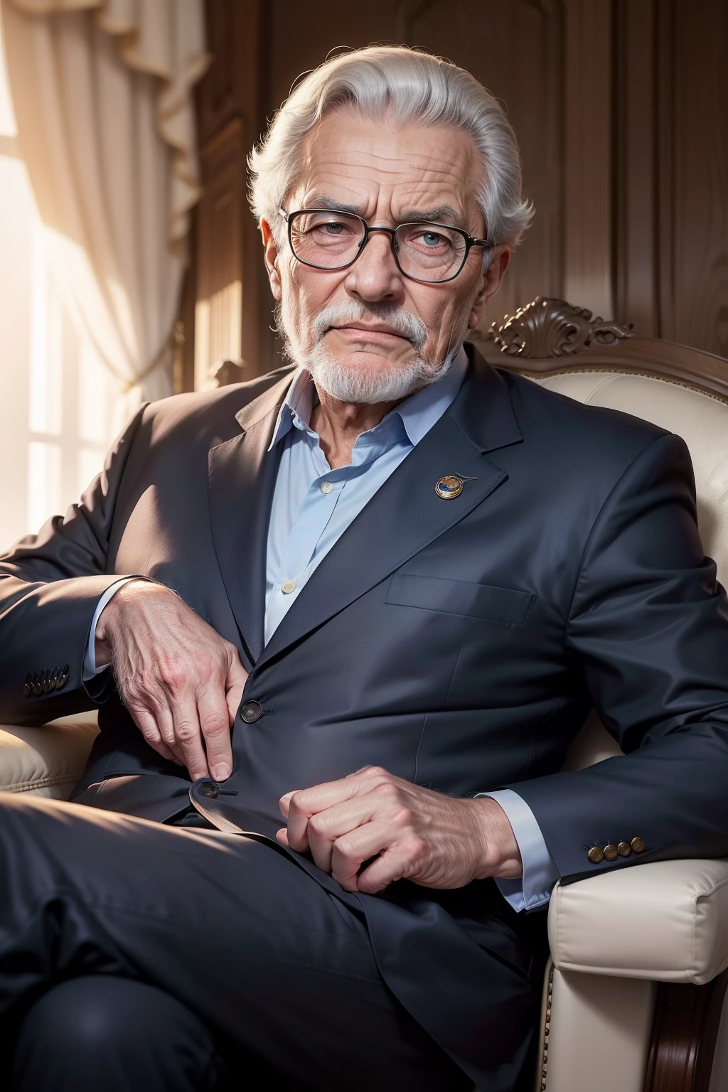crie uma imagem de um grande lider governante, com idade aproximada de 60 anos, muito poderoso, in a setting where he can see the people around him, He is very thoughtful and feeling a great responsibility to be a great leader, ele precisa cuidar bem do seu povo.