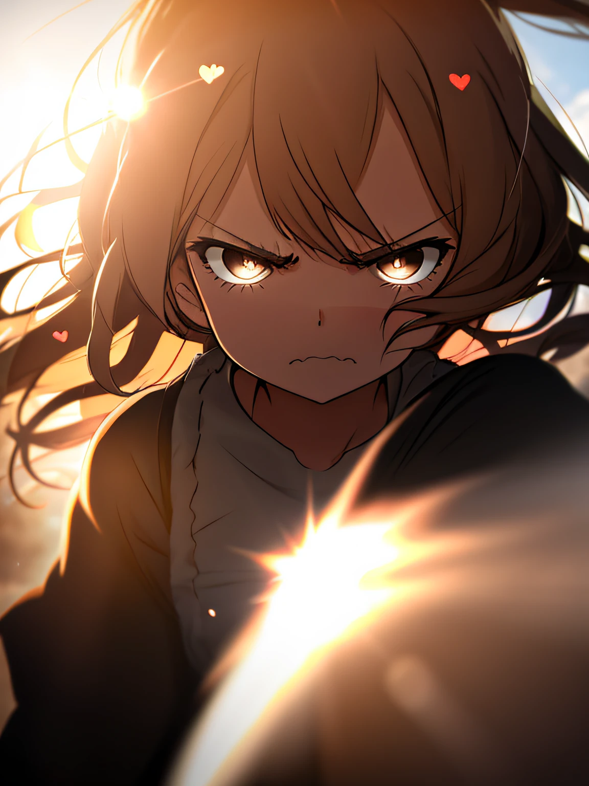 a girl, cozy dress, (angry look:1.1), (angry mouth:1.1), (wide open eyes:1.2), sun glare, bokeh, depth of field, blurry background, light particles, strong wind, (heart particles:1.1)