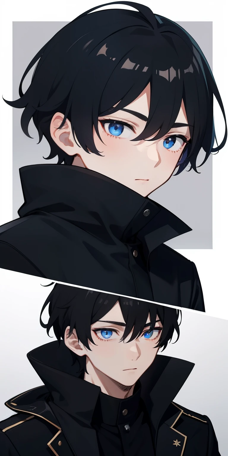 1 boy,High school boys,pupils,校服,Black top,black color hair,short detailed hair,ldisheveled hair,Dark blue eyes,Gloomy,Introverted,Brother's,Half of the face,Thinking,Neutral in appearance,white backgrounid,head portrait