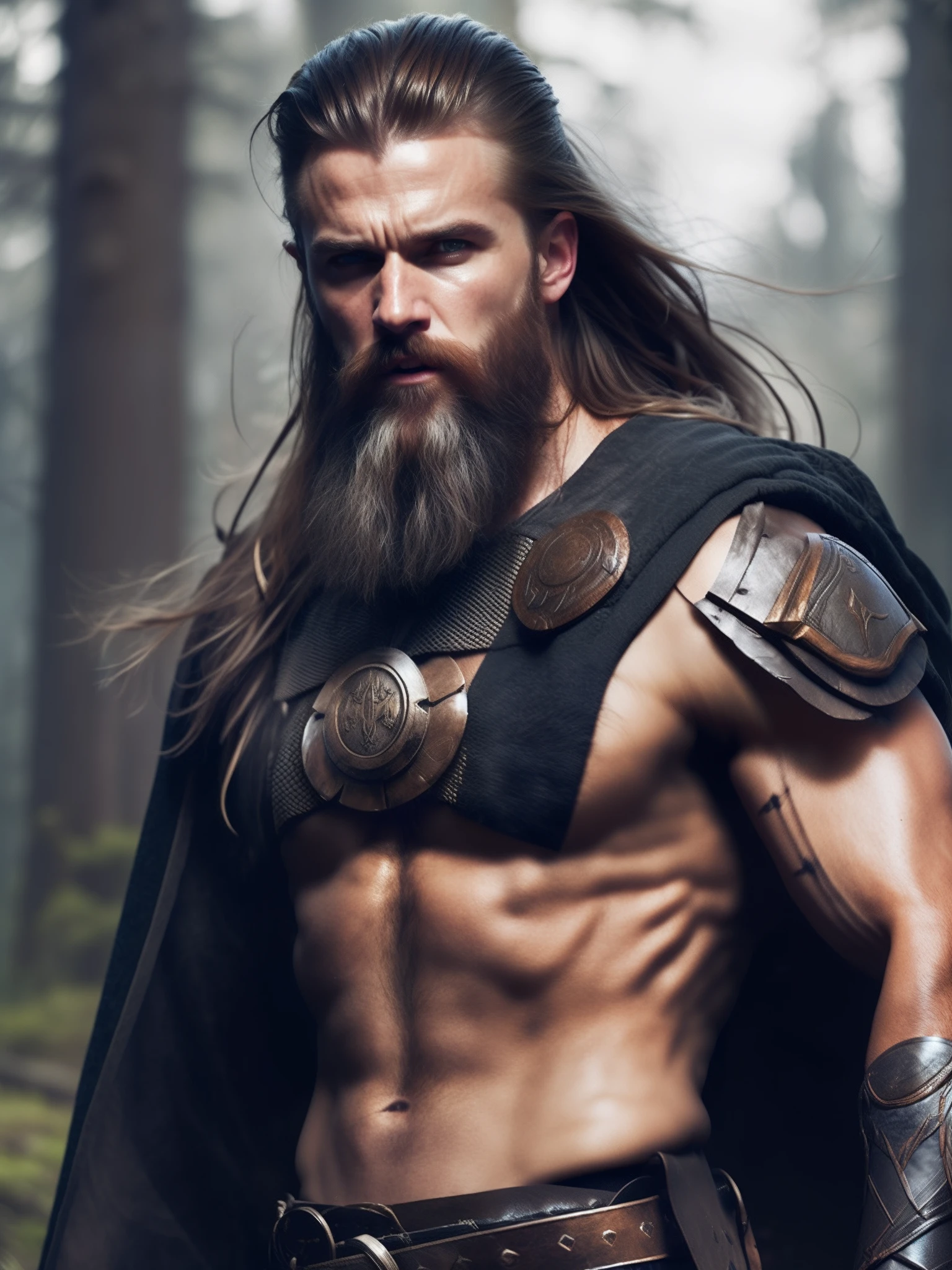 A being with a thin, pale and old body with a huge beard, with tired eyes,  This being has 4 arms, using a sword and a sickle in his hands, and a hoe and a sword in the other two hands, background with destroyed scenery and red flames and dark sky