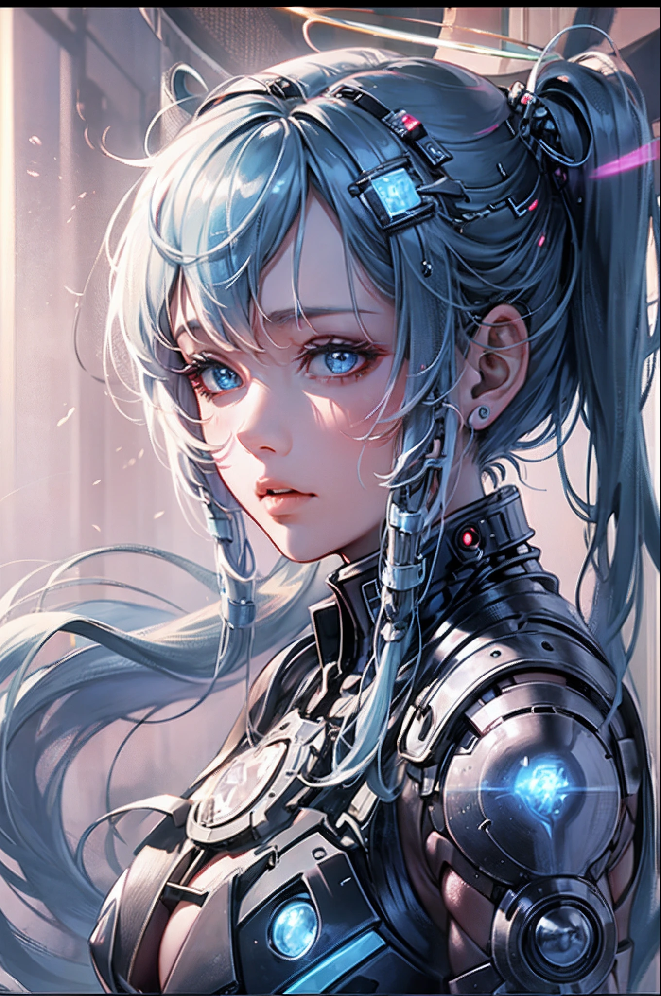 a girl with a halo on her head, cortana, cortana from halo, blue aura, virtual self, nezha, beautiful cyborg priestess, deep aura, cyberpunk anime art, holy cyborg necromancer girl, anime cyberpunk art, blue glow, orianna, pure aura, techno mystic goddess, tron legacy jesus, fate zero, nanogirl--ar9;16 --auto --s2