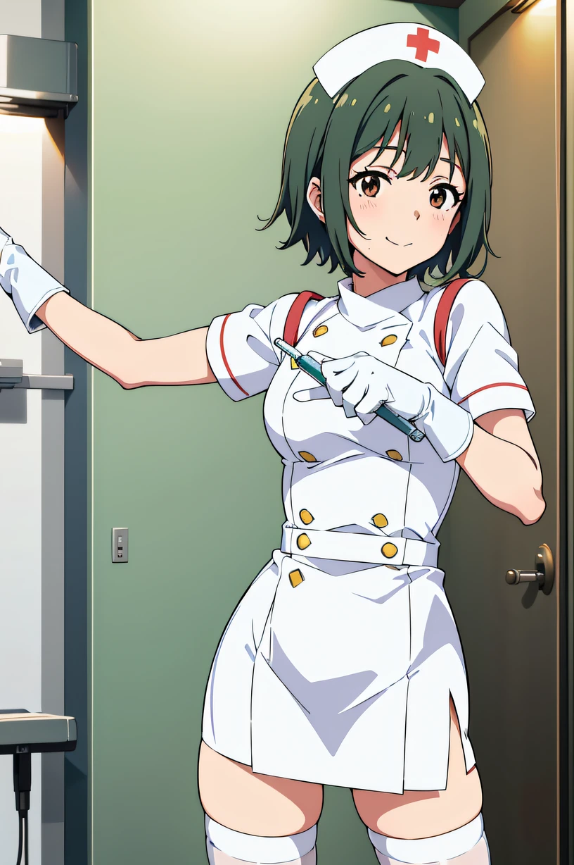 Otonashi Kotori, short hair, solo, Nurse, ((White nurse cap, White nurse uniform)), ((White legwear, zettai ryouiki)), White Gloves, Smile, Mole under the mouth, Standing, ((Hospital room)), sharp outline, Short sleeves, Best Quality, masutepiece