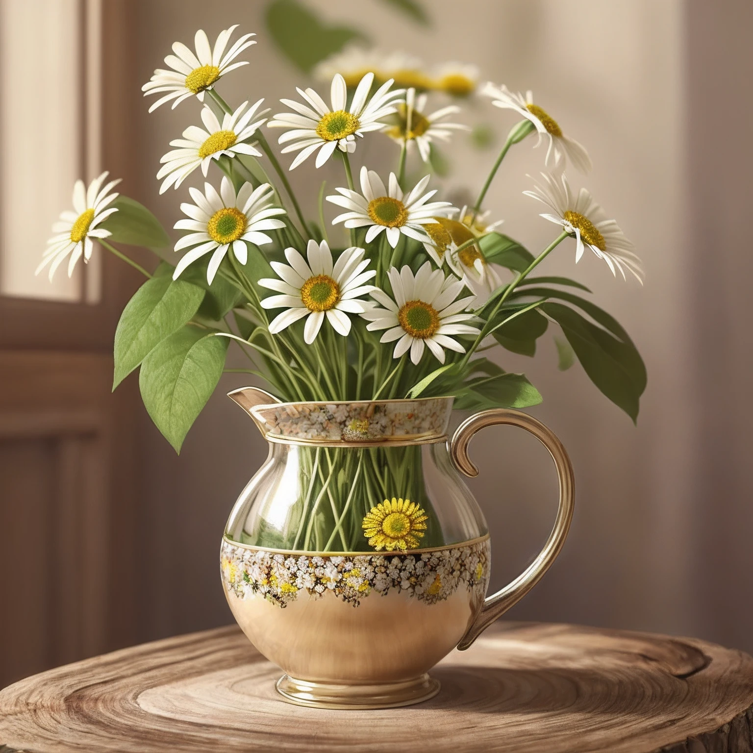 there is a cup of daisies on a wooden table, canvas print, in the morning, morning time, vase with flowers, chamomile, flowers background, cheerful atmosphere, early morning mood, flowers in background, cozy cafe background, beautiful flowers, early morning, bloom and flowers in background, springtime morning, awesome greate composition, highly detailed composition, photoreal render