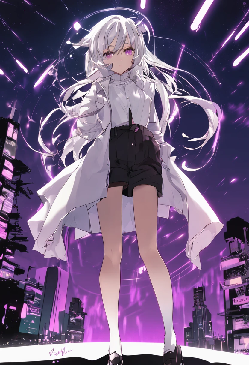 1girl. anime girl wearing white shirt, white hair, white long jeans, medium boobs, cute anime girl, yandere, wearing purple tie, purple eyes, sparkly eyes, Blackhole background, black shoes, tall, anime full body illustration, black hair highlights, happy, double white halo, Dark purple, dark background, long hair, pretty anime girl, black jacket, jacket off sides, black belt. black suspenders, sweat, (blush:1.1), seductive pose, sexy, hands on ass, :3 face. big ass