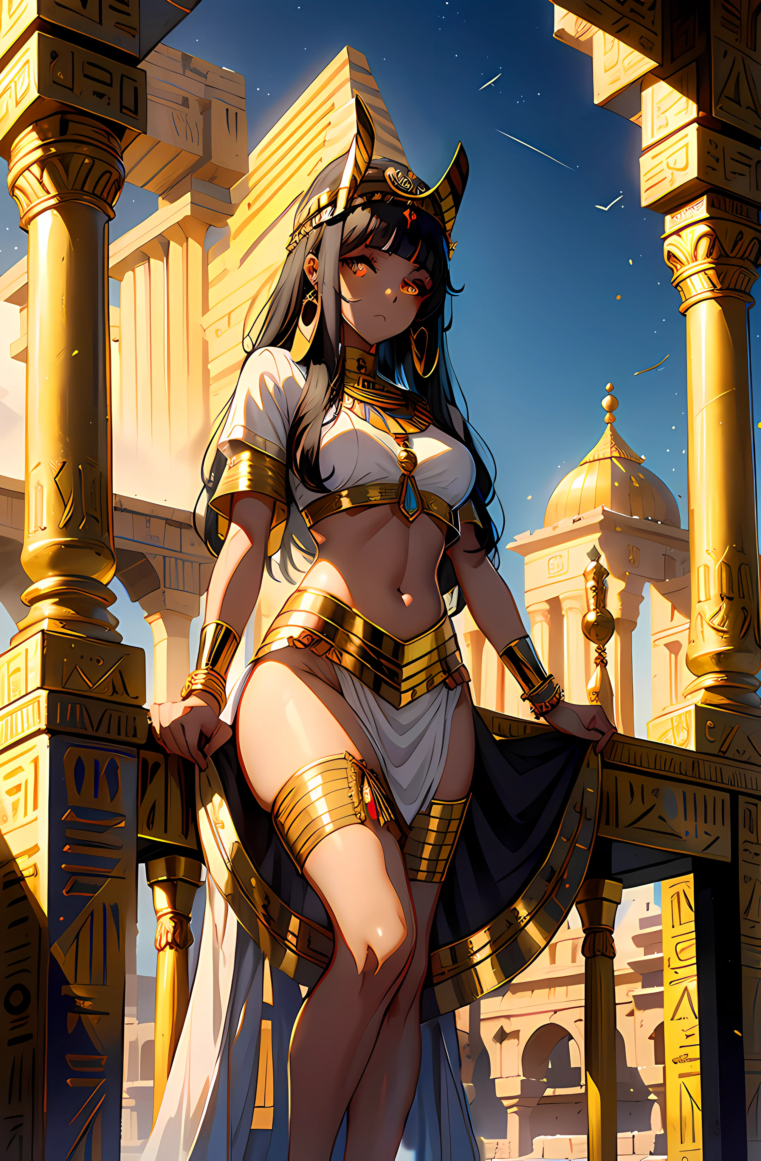 vibrant colors, girl, masterpiece, sharp focus, best quality, cinematlicilghting, detailed outfit, perfect eyes, dynamic pose, black hair, red eyes, egyptian, wide hips, mature female, medium breasts, curvy, gold egyptian jewelry, royal gold egyptian pyramid, dark skin,