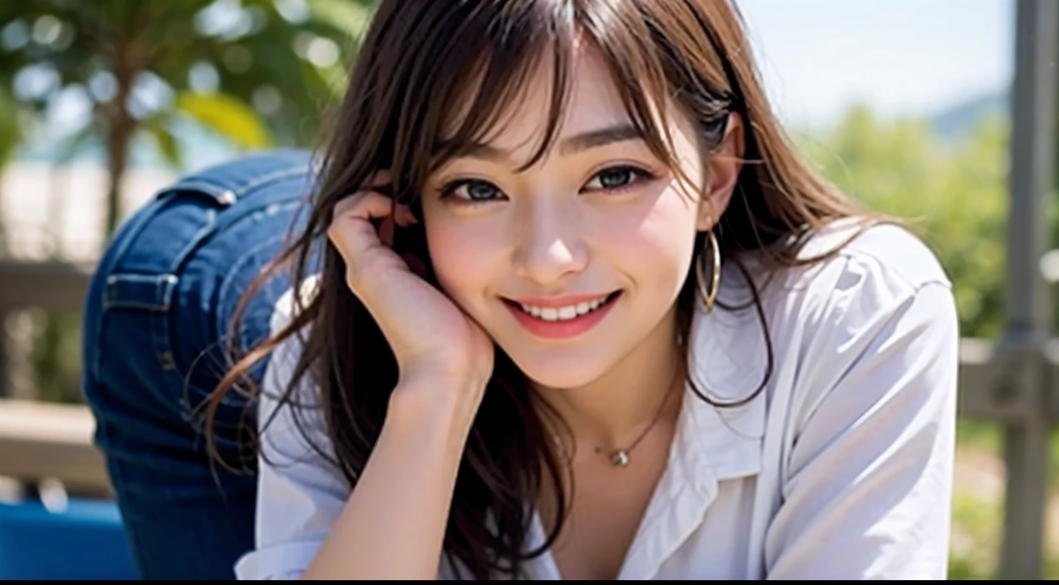 (high-level image quality)、bustshot、Beautiful woman leaning forward and smiling、