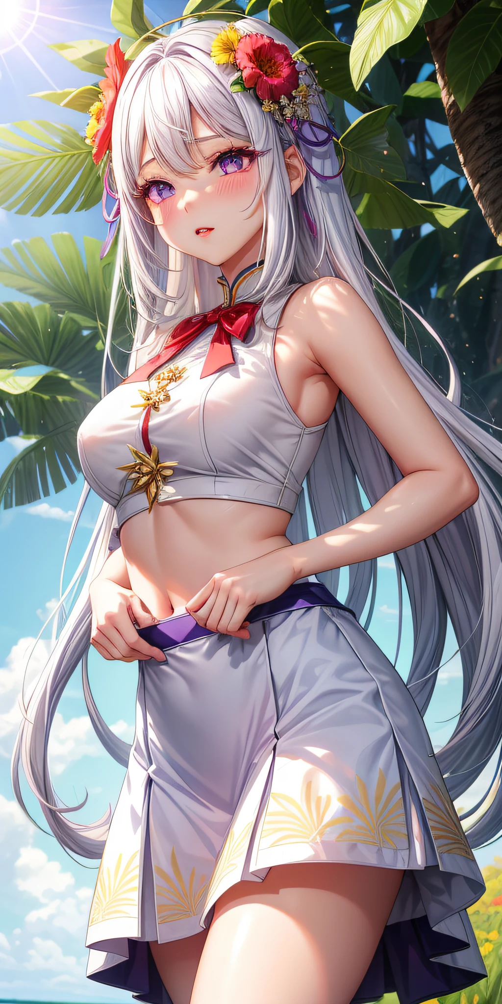 realisticlying、 1 人、white hair、Purple eyes、radiant eyes、croptop、skirt by the、Parted lips、red blush、natta、florals、suns、sunlights、A sexy