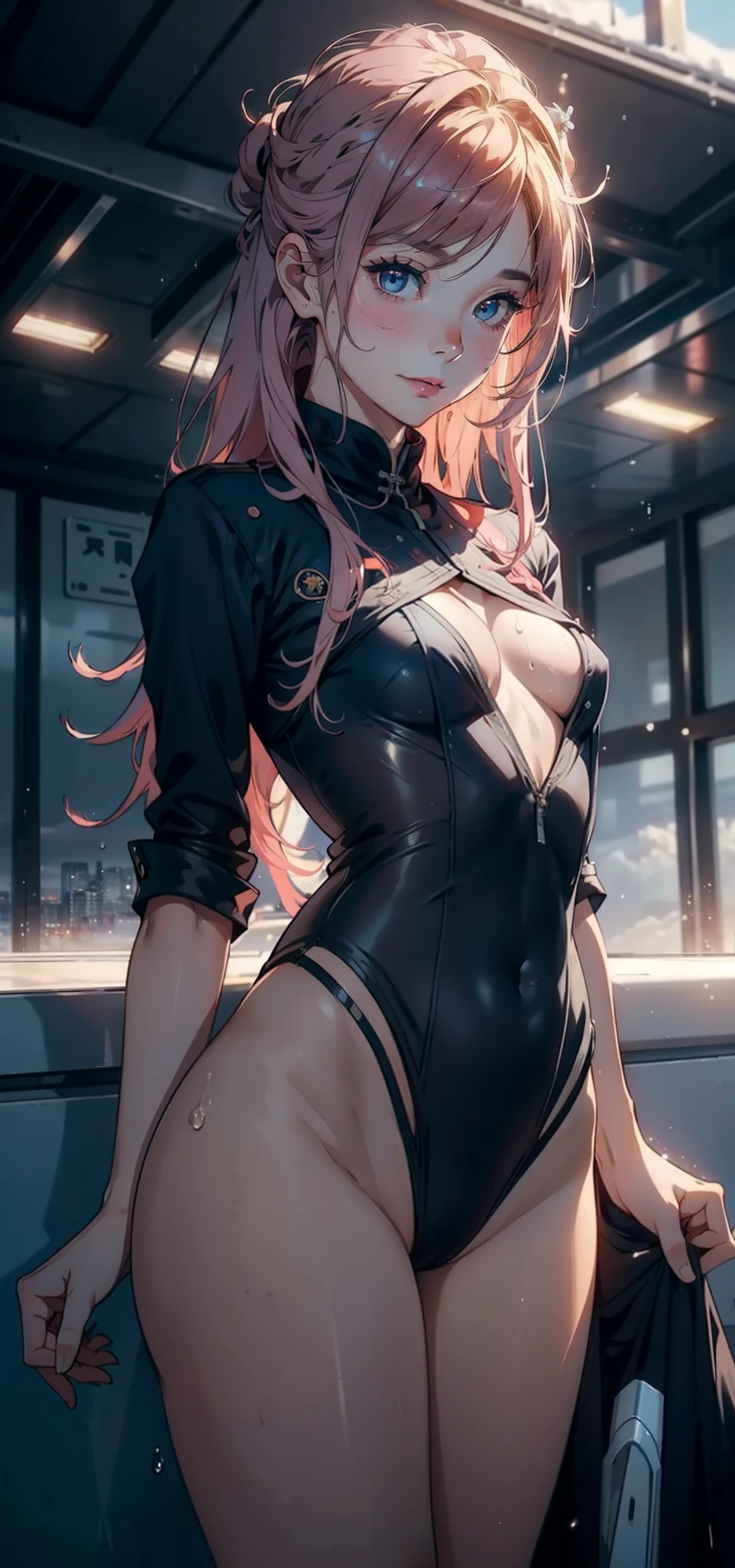 1female, 5,bit girl,Small lolsmallunderboob, 独奏,(Background with:aerodrome,Planes,snow mountains,at winter season,Snow on the ground,exteriors,) She has long pink hair,Stand on the plane,Sweat profusely,drenched all over the body,seen from the front, hair straight, mostly cloudy sky,(((tmasterpiece),(Very detailed CG unity 8K wallpaper),best qualtiy,cinmatic lighting,detailed back ground,beatiful detailed eyes,Bright pupils,Blue eyes,(Very fine and beautiful),(Beautiful and detailed eye description),ultra - detailed,tmasterpiece,)),facing at camera,A high resolution,ultra - detailed),revealing breasts,Bare genitalia, Bulge,legs are open,Raised sexy,Camel toes,Flushed complexion,Smile,Desire for dissatisfaction,frontage,elemeese flight attendant,(Wearing:Black transparent flight attendant uniform)
