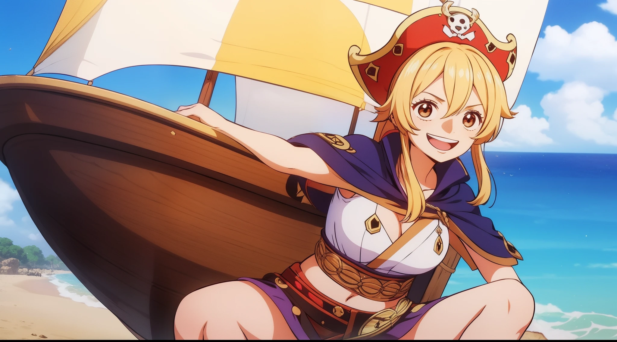 1 girl, boarded the pirate ship,,went to the grand line ,lumine from genshin impact,full hd,masterpiece,perfect finger, happy smile expression,Straw hat pirate ship,Perfect anatomy,Sit