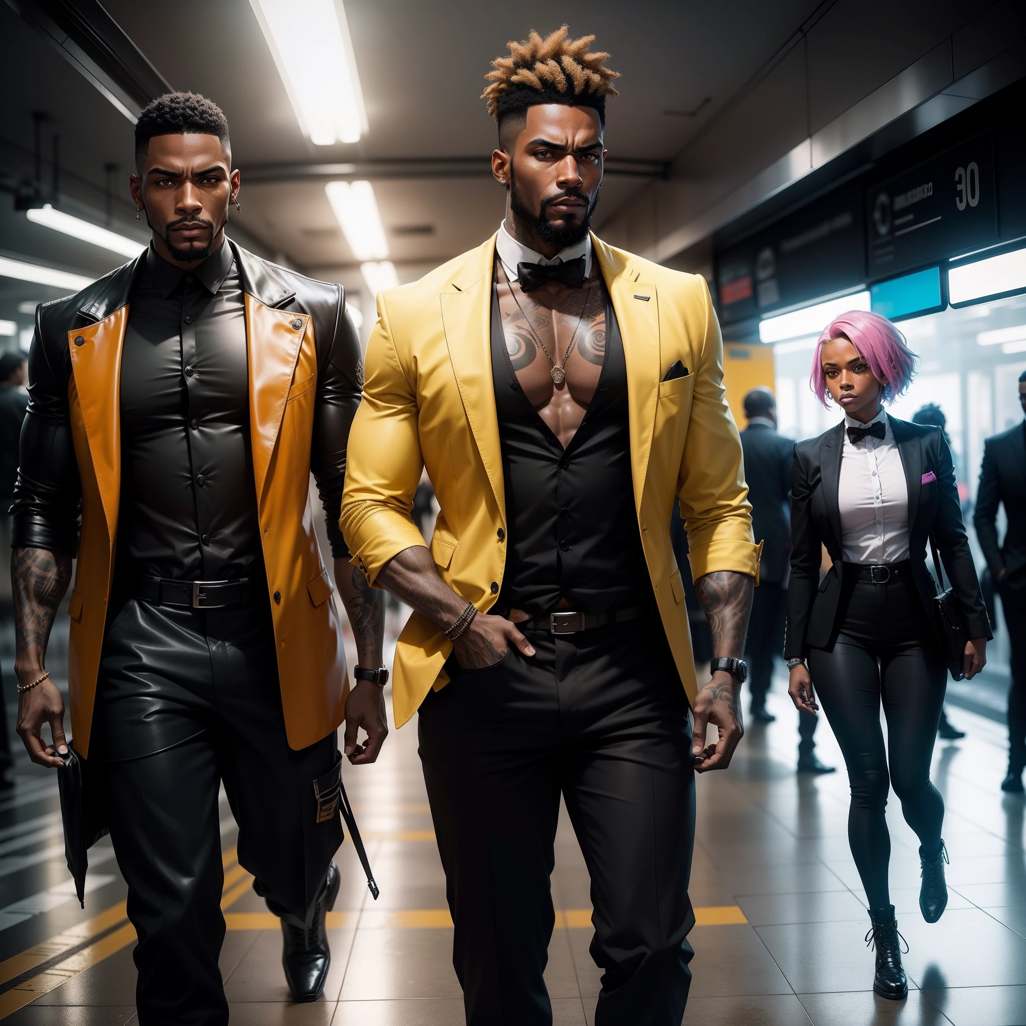 I'd like a cyberpunk style image in 4k average photo of two black characters ,30 anos de idade,,africano, forte, musculoso,Bodybillder,muito forte de pele negra ,barba grande,barba, Estiloso Barbon,com cabelo punk estilo anos 80 na cor amarelo e cinza escuro,muito eLegante,, futurista e estiloso neon , com uma tatuagem super colorida e com neon ,Toattoo, facing a metro station on the platform , with station lights failing in a dimly lit environment, standing dressed in a dark yellow suit with a pink bow tie and baggy shirt.