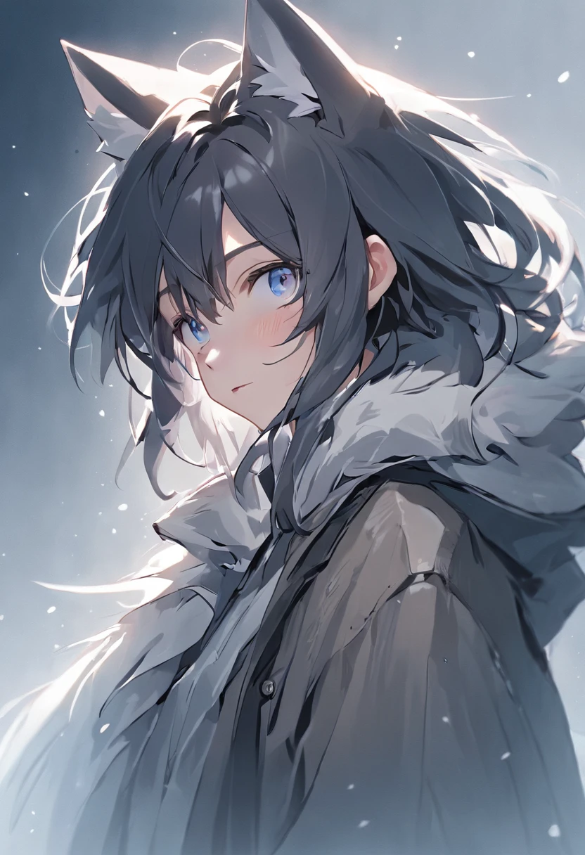Pure white background Teenage character with reference sticker Fresh and cold temperament Masterpiece-quality HD quality portrait Detailed beauty Proud face Admiration Clear blue eyes Dark gray hair Messy hair fluttering Wolf ears are mysterious Obscure wolf tail Military trench coat with clean lines Characteristics of heavy confidence Brown scarf that highlights elegance Black boots show calm and calm Simple background，Highlight the characters Leave white space to create a pure atmosphere Unique embellishments of teenagers Mysterious atmosphere Delicate little boy Strong sense of presence with both rigidity and softness A masterpiece of admiration