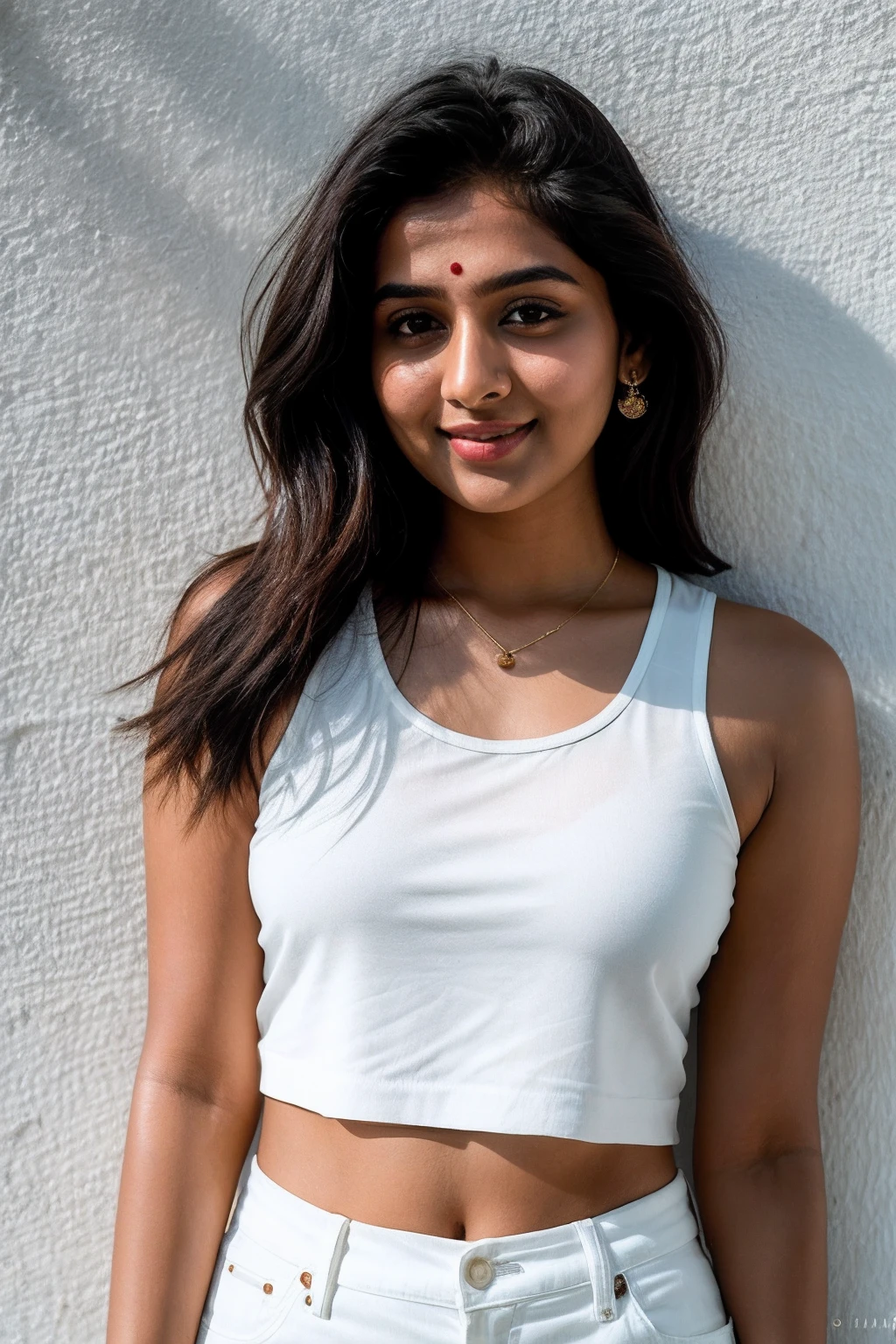 Full photo, RAW photo, face portrait photo of beautiful 26 y.o indian woman, cute face, wearing white crop top and white very short length shorts, happy face, hard shadows, cinematic shot, dramatic lighting