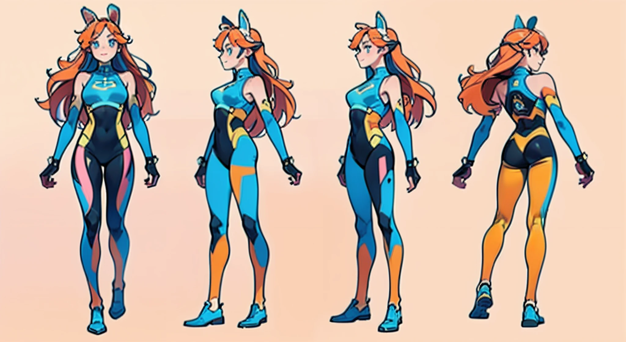 (masterpiece:1.2, best quality), 1woman, cute face, big eyes, round cubby cute face, smile, long legs, full body, adult mature female (spiky orange-pink hair, (orange-pink mullet 1.1)), (very long hair), blue eyes, (white/yellow pupil,) hero, sleeveless blue spandex bodysuit, long orange-pink rabbit ears, bodysuit ((masterpiece)), (((best quality))), (character design sheet, same character full body, front, side, back), Illustration, hair color, bangs, hair fax, eyes, environment change, pose kota, female, game design character sheet for 2d scrolling game, point and click adventure game character, full body, model sheet turnaround, full color, two thirds wiew, front::4 view and back view, high resolution, 8k, 4k, high quality