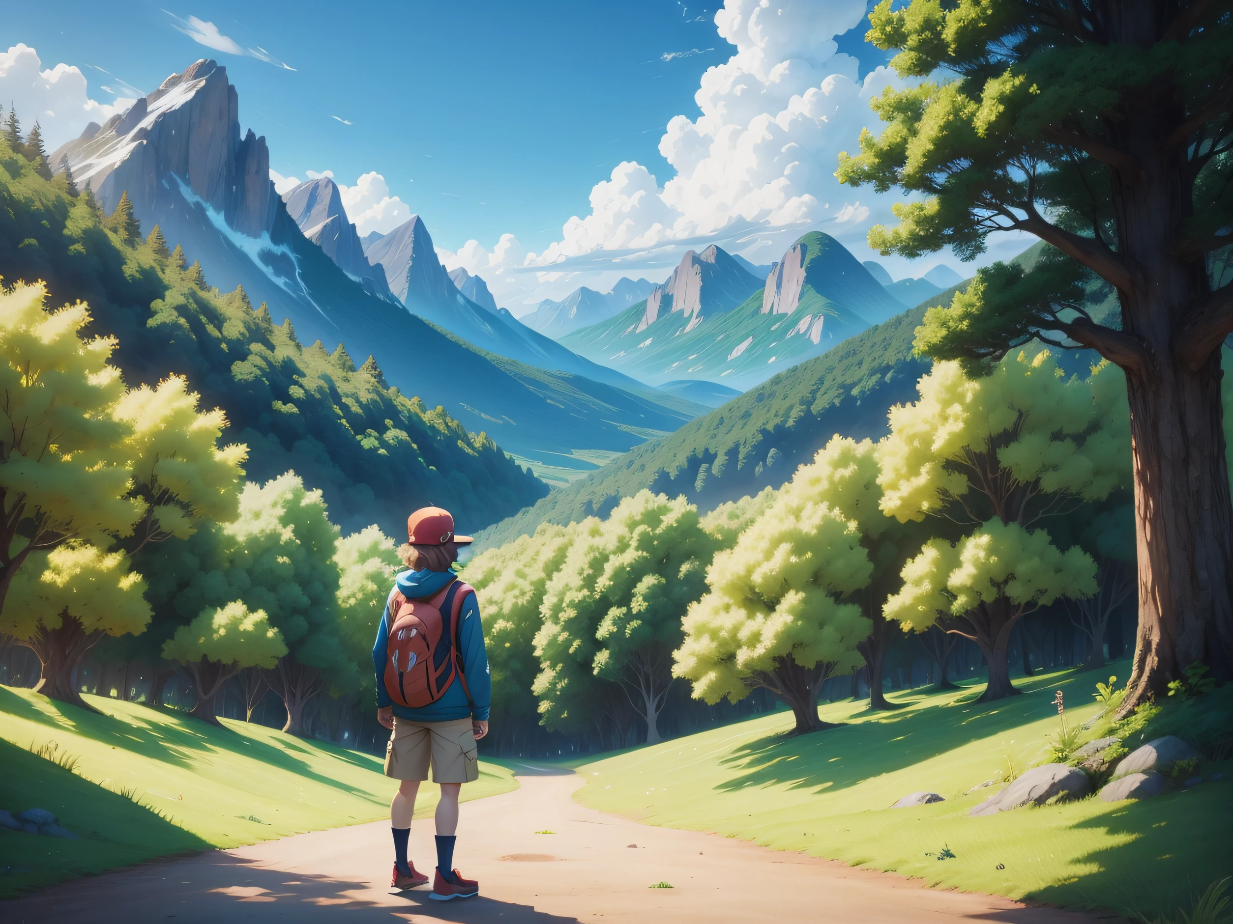 Pokemon movie characters standing in front of a mountain with a sky background, estilo de anime pokemon, Pikachu em uma floresta, Anime de hoje ainda em destaque, pokemon trainer, imagem de anime safebooru, Um Pikachu em uma floresta, Pokémon in the wild, arte oficial do anime, ketchum cinza, illustration pokemon, new pokemon, Pokémon, Anime still image, filme anime de alta qualidade, great quality