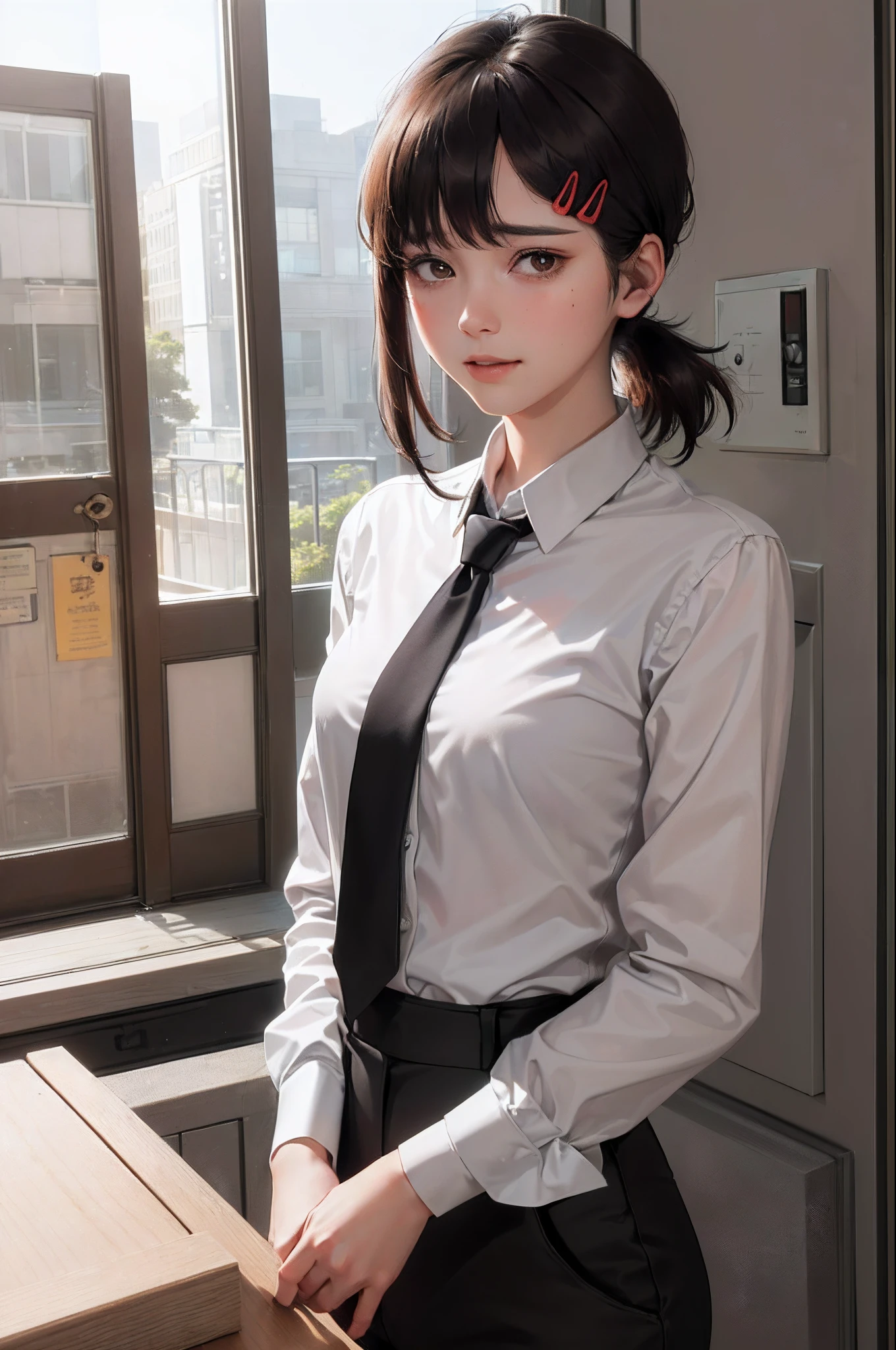 masterpiece, best quality, ultra-detailed, illustration, epic lighting, cinematic composition, isometric, 1girl, solo, cute, brown eyes, black hair, swept bangs, single sidelock, red hairclip, white collared shirt, black necktie, black pants, formal, enchanting gaze, captivating pose, indoors, office, door, opening door, looking at viewer, peeking out upper body, blush, seductive smile, closed mouth,(8k:1.1),