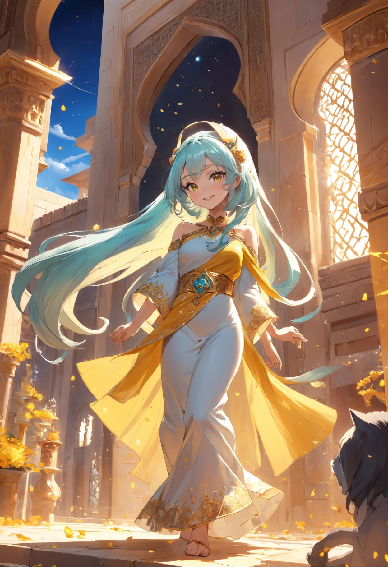 (Masterpiece), (best quality), hight resolution, ultra-detailed, (hyper detailed background, Detailed background), highly detailed, photorealistic, 1 beautiful and gorgeous girl, (cat ears), off-shoulder, North African Islam, Alhambra palace, (Islamic Africa:1.2), Colorful, in desert, Long Long Platina Bond Shining Hair, Big yellow crystal eyes, smile, ((dancing Arabian dance)), light, broken glass, a girl with a pet lion, (shining brightly), ((dazzling)), (floating a lot of flower petals, ((3D)),