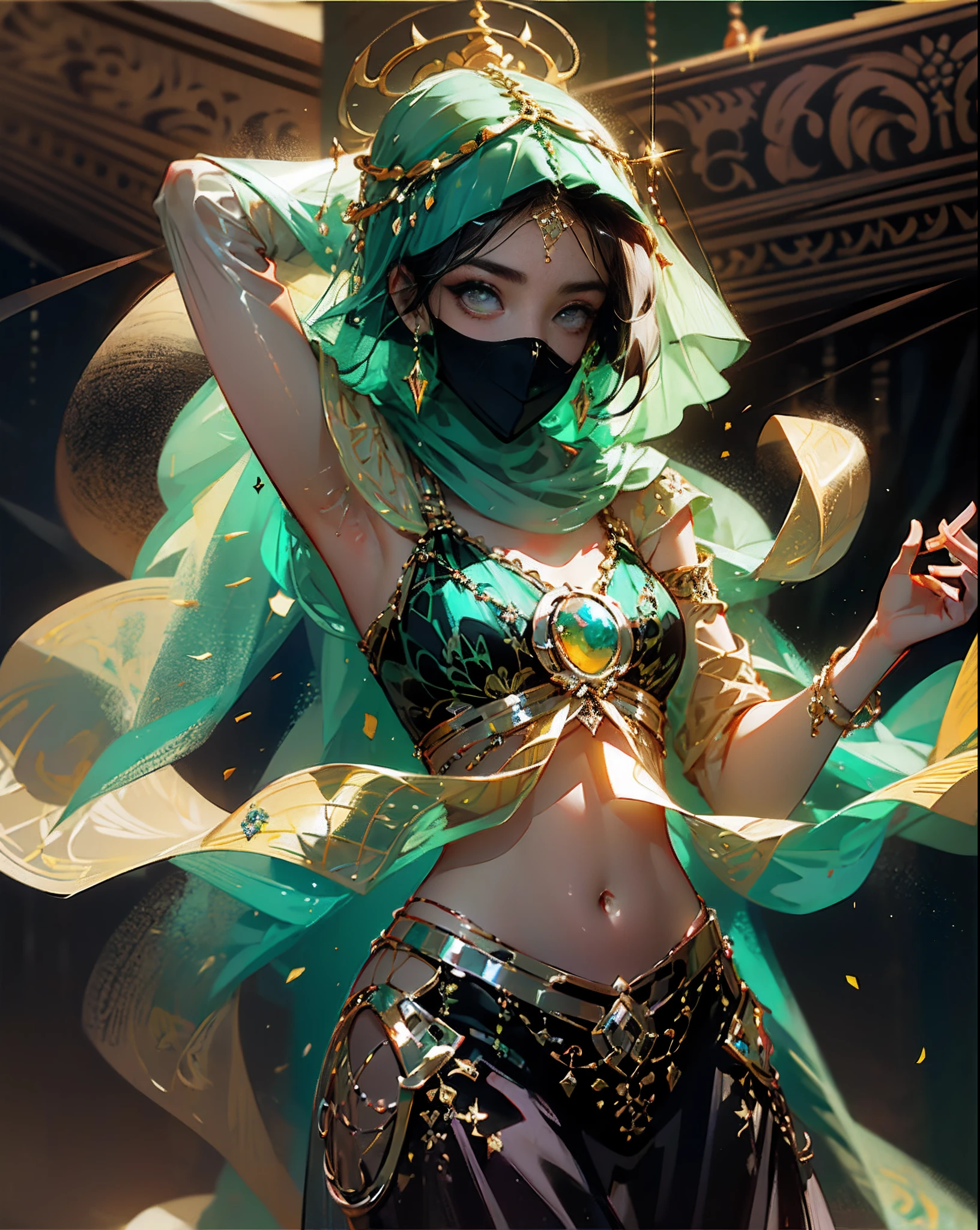 masterpiece, (simple background), ultra-detailed, an extremely delicate and beautiful,(woman wears transparent and see-through Niqab, harem pants:1.3),dancer lingerie,soro,eyelash,(in Arabian palaces,on stage:1.5),blonde hair,long hair,black eyes,(dark skin), lips, (dynamic dancing), acrobatic pose, veilsee-through, elaborate costume, --auto --s2