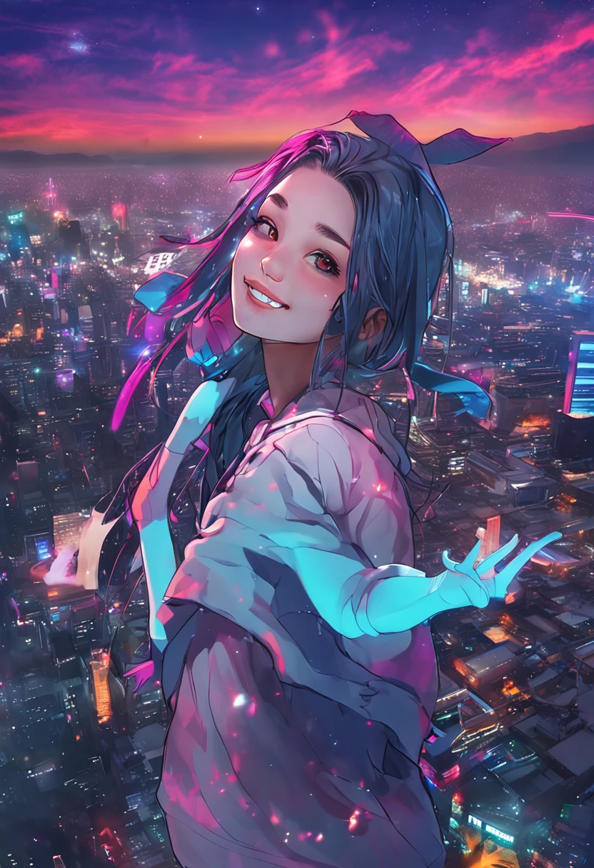 "Image quality: 8K (Best quality scales: 1.2), Artistic style: Realistic, Realistic factor: 1.37, Clarity: hyper HD, subject:1 girl flying over stunning cityscapes ,Hoodie,Blue hair, neon color shooting stars, Very long hair, cropped shoulders, feathers hair ornament, Neon colors, twinkle, stunning night sky, Teenage girl (16 years old), Notable features: Pleasant smile, Closed mouth, Exquisite details, Cute nose, composition: full bodyesbian, damp hair, context: In the huge Dalsefo,, Attire: Snow white T-shirt, The wings of the angel are very detailed