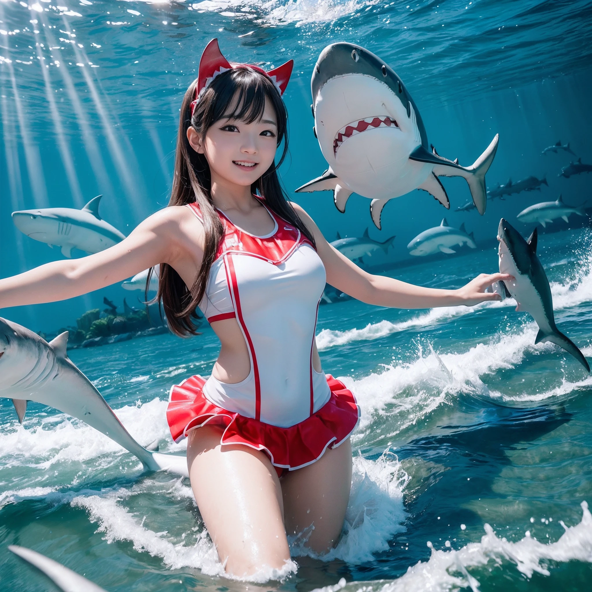 (8K、RAW Photos、top-quality、​masterpiece:1.5)、(realisitic、Photorealsitic:1.5)、ultra-detailliert、超A high resolution、lighting like a movie、(((Idols who love sharks)))、(((Japan  girls)))、(((Wearing a cute costume with a shark motif)))、(A lot of sharks:1.5)、cute smile face、Happy and energetic atmosphere、dynamic ungle、动态照明
