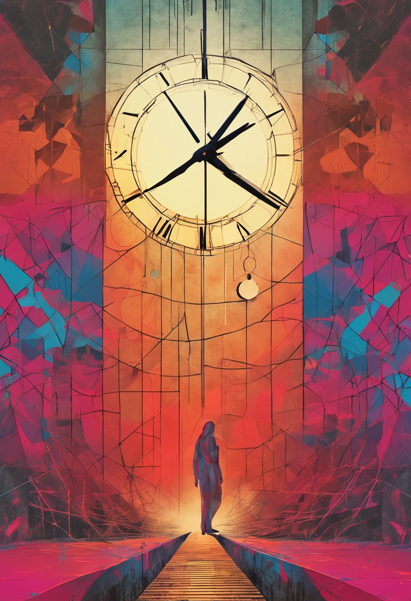 (abstrair:1.2) Jovem Mulher Composta de (geometrical forms:1.2), transformando-se em um (zdzislaw beksinski) style clock,