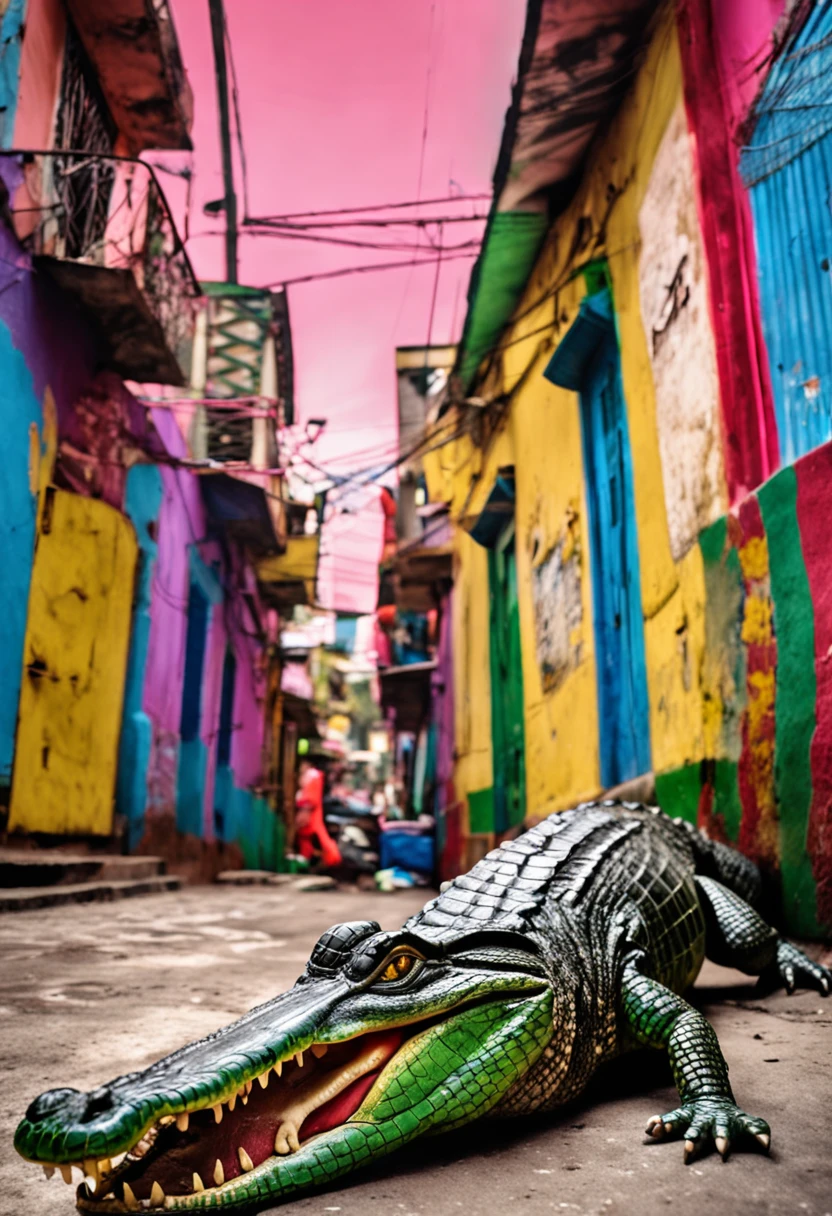 Alligator in sunglasses walking in Rio de Janeiro favela