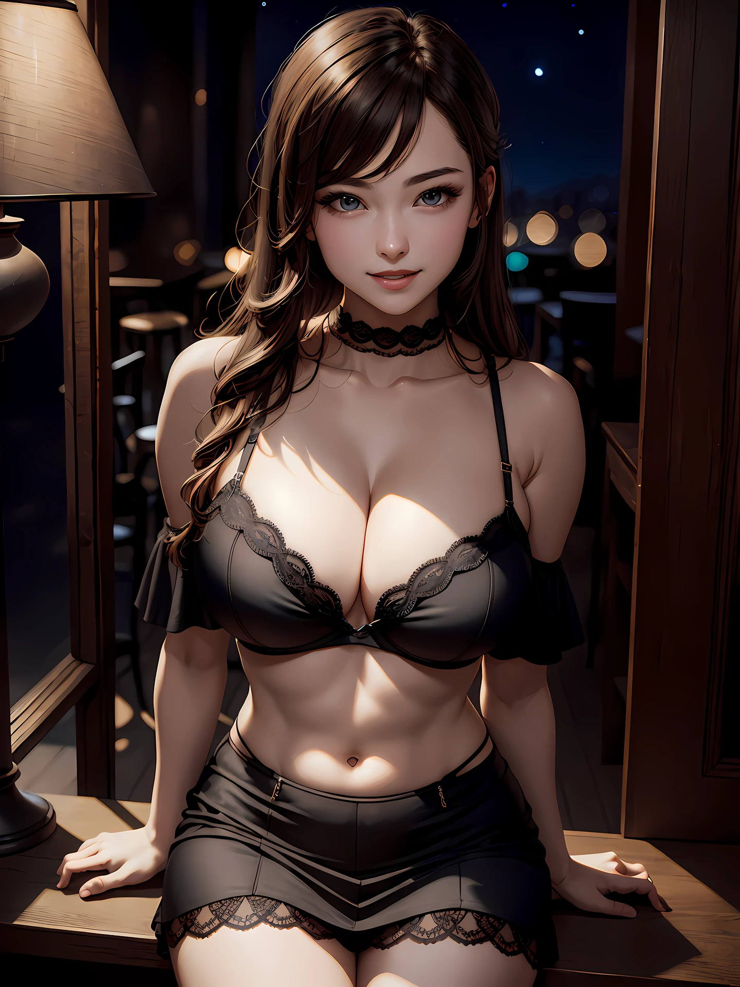 (1girl:1.3, solo), (((night situation:1.5))), (Masterpiece, best quality, photorealistic, highres, photography, :1.3), ultra-detailed, sharp focus, professional photo, commercial photo, (upper body:1.3, bust-up portrait), (sitting:1.3, arms down:1.3, closed thigh:1.3), (simple antique room background, brothel:1.3, simple black background:1.3), BREAK, 1 brunette girl, solo, vulgarity, hot attendant, hot model, highly detailed eyes and pupils, realistic skin, (attractive body, gigantic breast:1.35, cleavage, thin waist:1.35), thin half-up hair, single braid hair, medium-length hair, extremely detailed hair, delicate sexy face, sensual gaze, shiny lips, BREAK, wearing a white luxury bra:1.3, black lace corset dress:1.3, off-shoulder corset:1.3, choker:1.3, lace frill skirt:1.3, BREAK, looking at viewer, cinematic lighting, in the dark, deep shadow, at night, natural shading, low key, intricate detail, detailed skin, pore, highres, hdr, 4k, realistic, BREAK, (attractive posing), ((realistic, super realistic, realism, realistic detail)), perfect anatomy, perfect proportion, bokeh, depth of field, hyper sharp image, (attractive emotion, seductive smile:1.2, happy:1.2, blush:1.2, :d:1.2, :p:1.2), 4fingers and thumb, perfect human hands, (professional studio soft light, cinematic light, bar light, rim lighting, low key, in the dark),