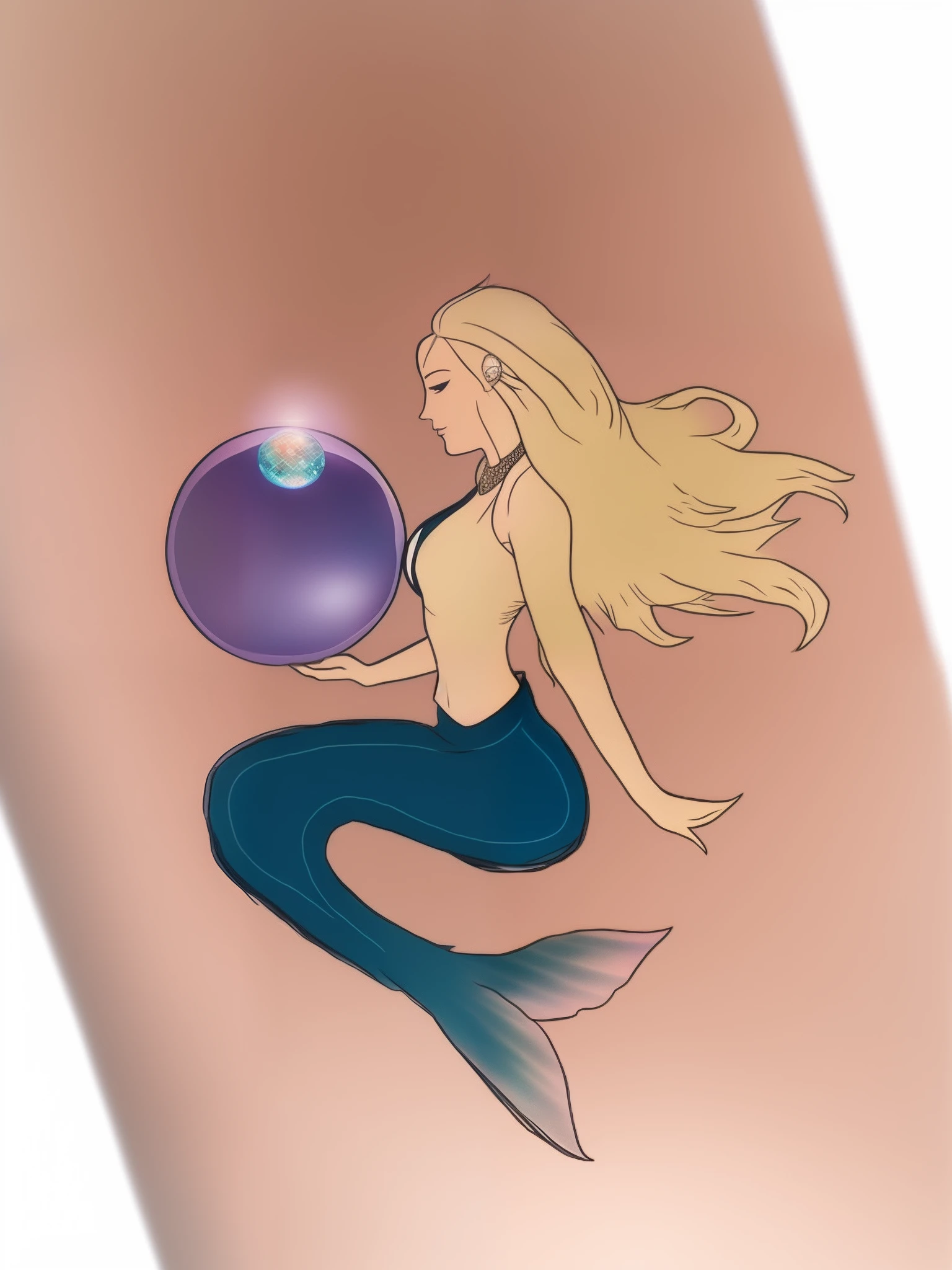 The mermaid sits，Holding a shiny crystal ball in his hand, mermaid body, Colorful mermaid, tattoo design, beautiful mermaid, full body close-up shot, A tattoo, Flash on the character，Warm colors