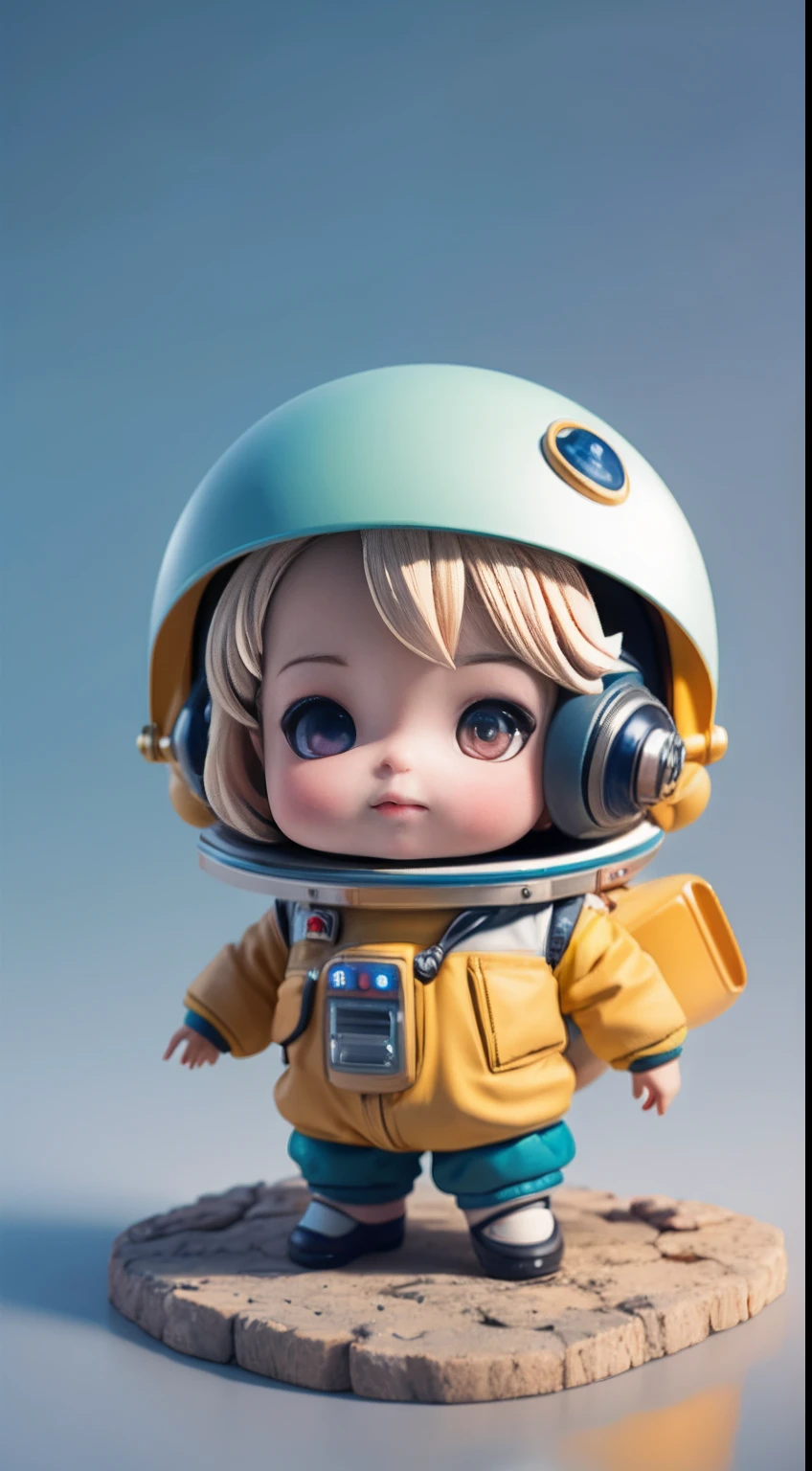 There is a small doll with helmet and helmet, cute 3d rendering, pequena astronauta feminina olhando para cima, with happy expression, portrait anime space cadet boy, cute 3d anime boy rendering, bonito arte digital detalhada, explorador masculino mini bonito, stylized 3d rendering, 3d renderizado arte personagem 8k, pintura digital bonito, estilo anime 3d, super detailed rendering