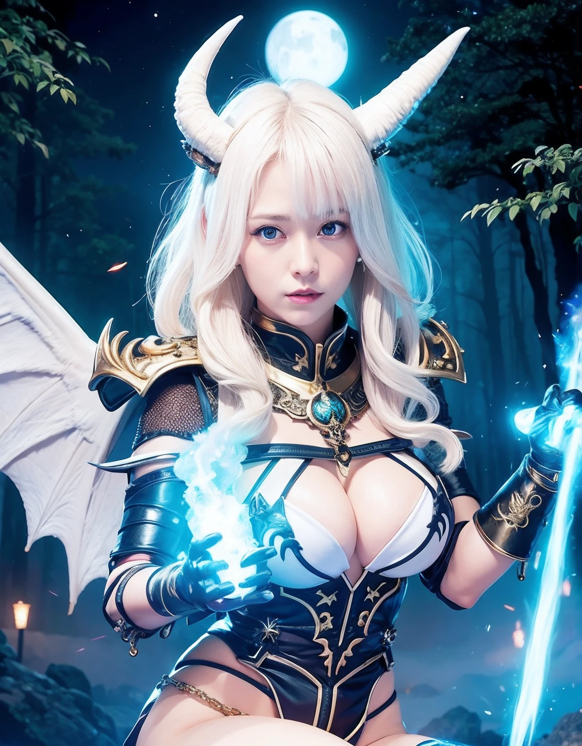 Professional , masterpiece、top-quality、photos realistic , depth of fields 、Idle Smile、maikurobikini、(White Gemstone Body:1.2)、Mystical expression、(cleavage of the breast)、Jewel Gold Weapon、Particles of light),Huge arsenal of gorgeous gold ,(( Dragon dense and gorgeous dragon sword)) , (demonic wings) ,warhammer 40k 、((White hair))、(demonic wings)、((Gangle's forest background))、Beautiful Caucasian beauty、1a person、dynamic ungle,(((Two devil's horns on the head)))、Smaller head、Idle Smile、Thin and beautiful female hands、cleavage of the breast、Mystical expression、Light Effects、intense fighting、Wind-effect、magic circles、Dragon's tail、knee、Toostock、red tattoo、