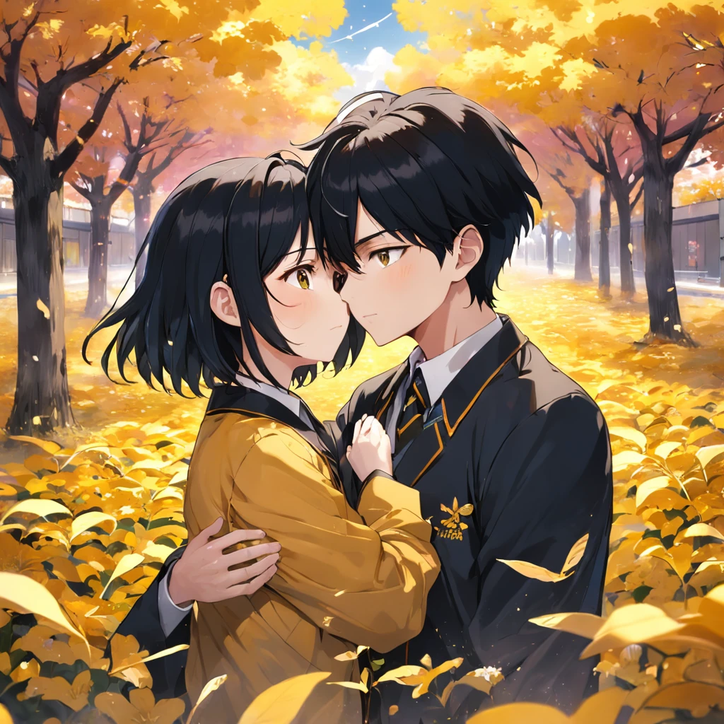 boy,Black hair and golden eyes,Embrace the flowers and leaves of the ginkgo tree,The gaze is affectionate,The expression is gentle。
