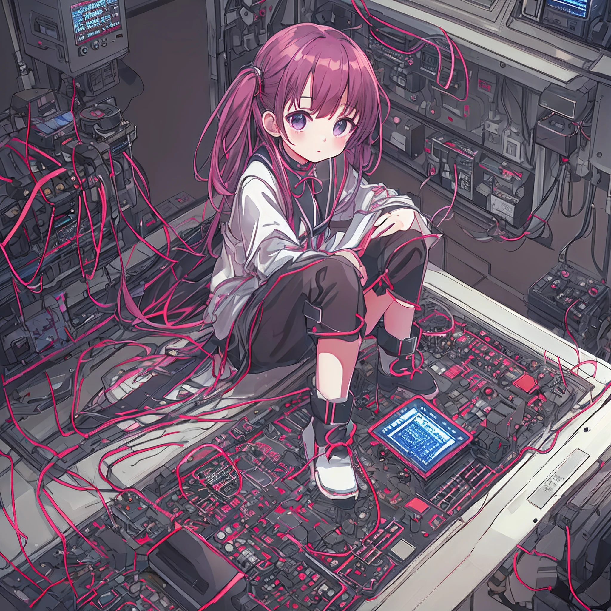 absurderes, hight resolution, (Anime style:1.1), ((masutepiece)), ((Best Quality)), (Ultra-detailed), (Beautiful), 独奏, Beautiful face、(liftup), girl sitting on CPU circuit,Looking at Viewer,Dramatic