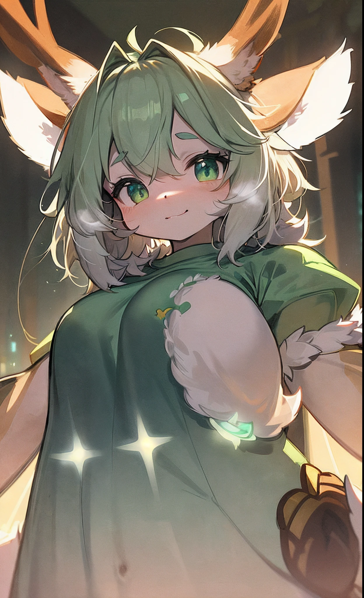 hairy pubic， White fur， hyper cute face， Green element on fur， little breast， Glowing T-shirt， Beautiful lights and shadows， ambient lights， Ultra-detailed fur， volumettic light，deers，deers，deers，deers