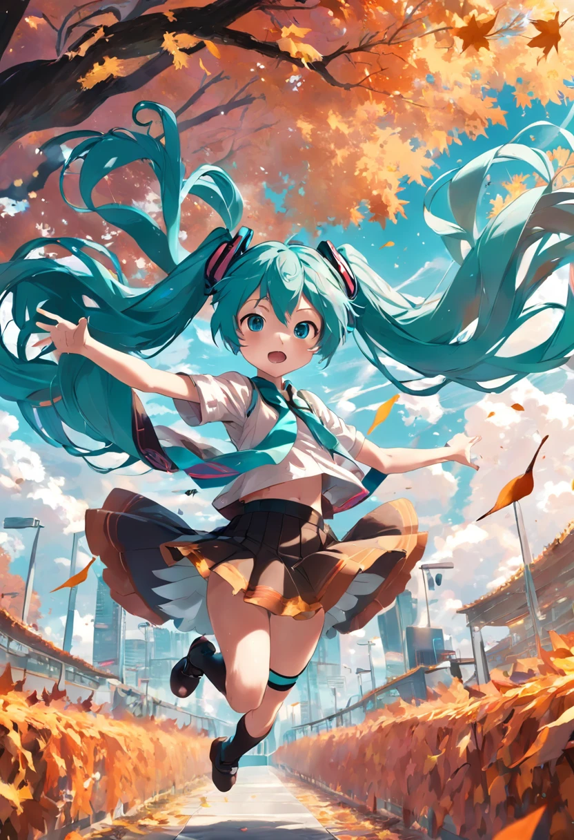 Hatsune Miku flying in the autumn sky