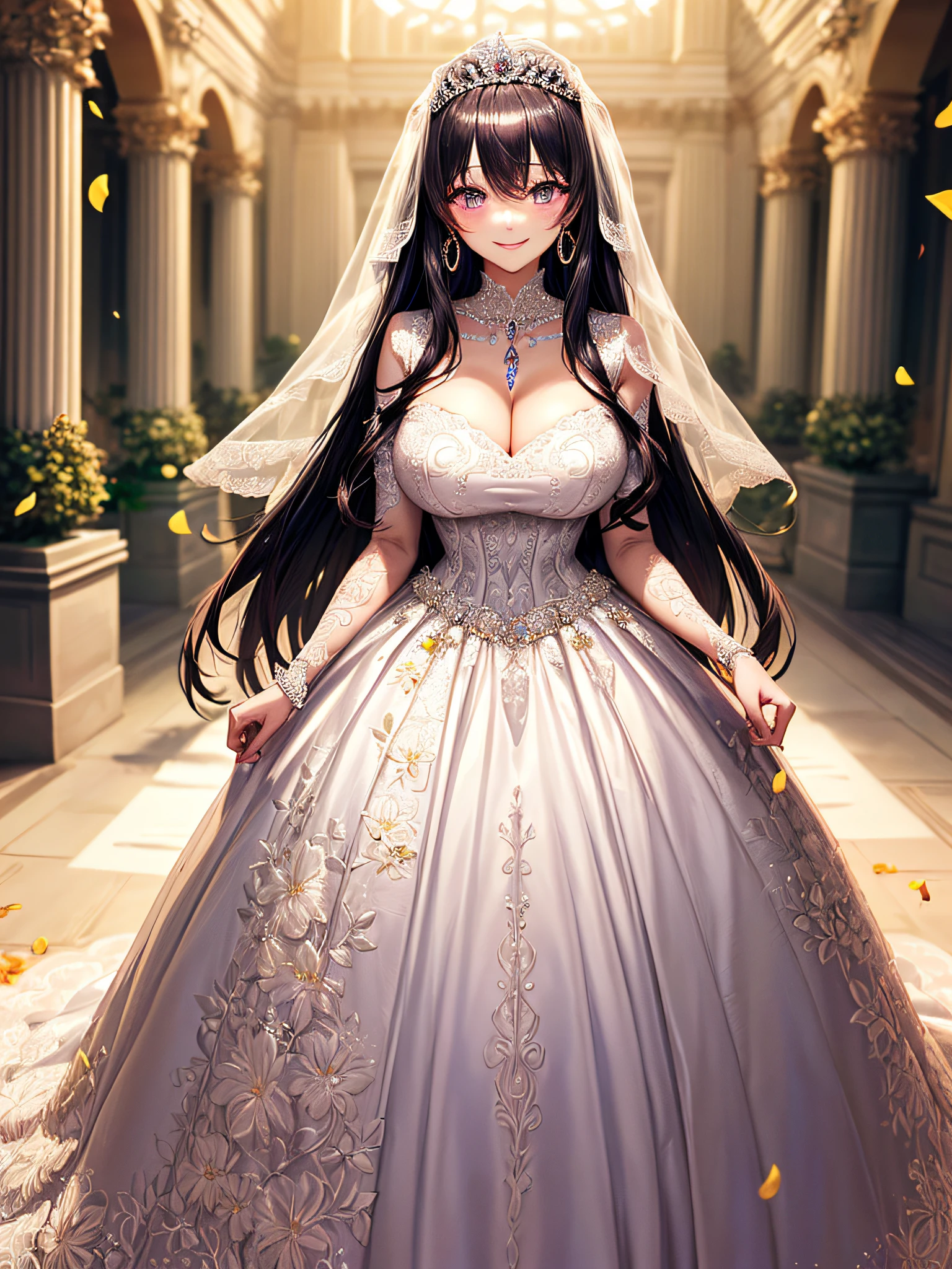 (masterpiece, best quality:1.2),1girl, (solo), cute, kawaii,digital art,((1 princess wearing beautiful embroidery and jeweled gorgeous princess ballgown wedding dress with voluminous full length hoop skirt)),crinoline,((gorgeous embroidery and beautiful lace)),(very gigantic boobs,cleavage,skindentation),((shiny hair,Bangs between eyes,voluminous straight hair,extremely Long straight Hair)),black hair,finely detailed face and eyes,Purple eyes,smile,extremely gorgeousfull jeweled tiara,(bling-bling gorgeous gemstone jewelry),long wedding veil,((standing in beautiful garden)),flowers,flower petals flowing,((beautiful embroidery and jeweled gorgeous princess ballgown wedding dress with voluminous full length hoop skirt))