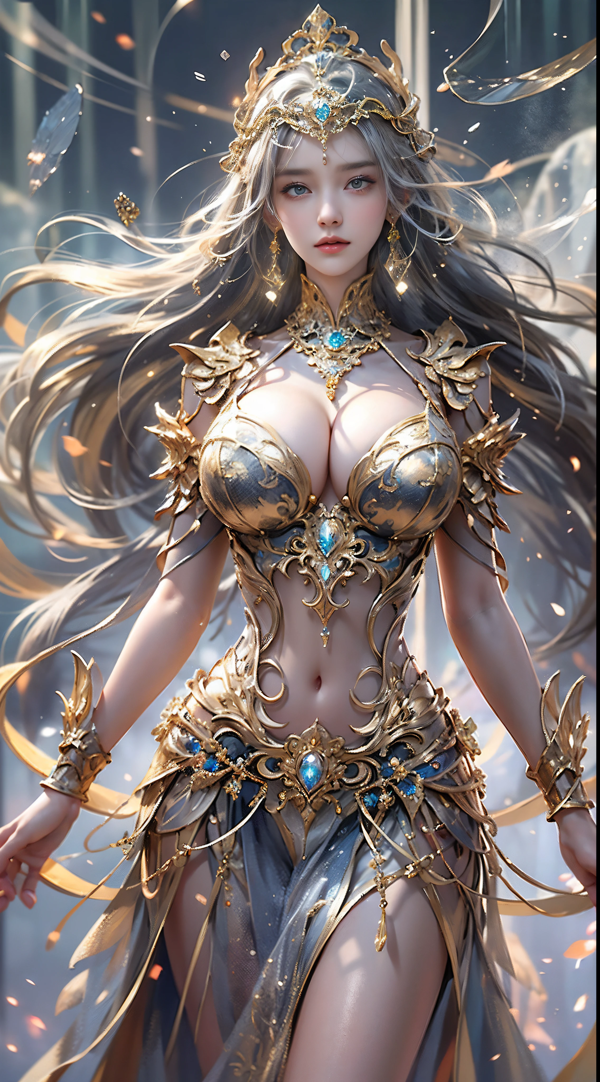 Woman in a golden transparent dress,view the viewer,(((Huge breasts, Large cleavage))),Slim waist,(navel baring,Bare waist), Long hair, Ultra-detailed details,High-end Zhenyi station, Rainstorm site, detailed fantasy art, Stunning character art, Beautiful and exquisite character art, Beautiful gold and silver armor, Extremely detailed, Girl in shiny armor, Exquisite tiaras and jewelry,Crystal jewelry filigree, milky ways, Stunning visuals, (dynamic streaks, light tracks:1.2), Vibrant colors,