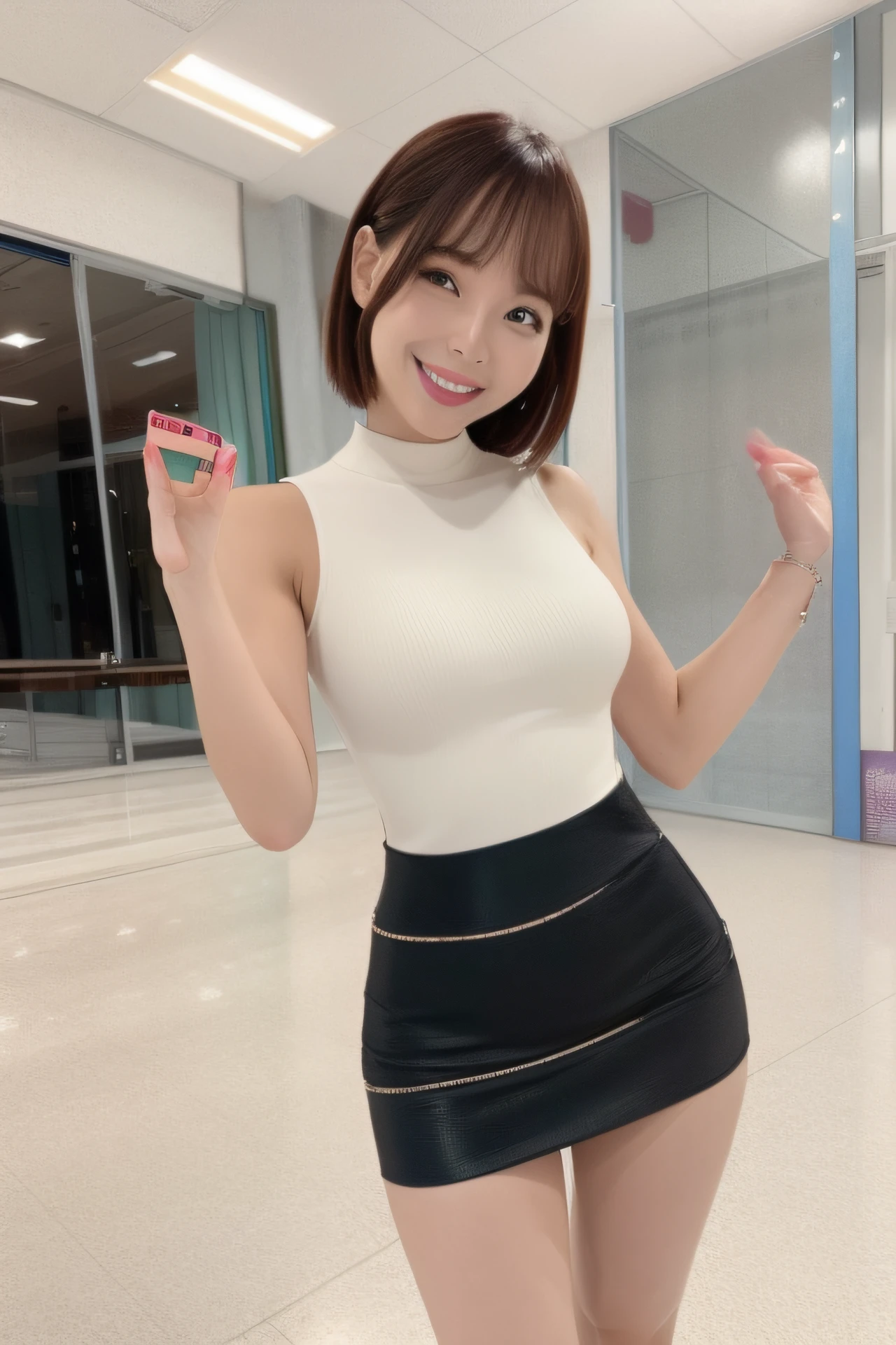 Enamel Bodycon、Arm Swinging Pose、a miniskirt、Full smile