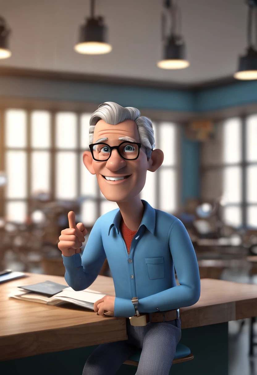 Cartoon character of a man with glasses and a blue shirt, 3d render senior artist, 3 d demo carretel avatar, CGI animado, Personagem 3D, Personagem 3D, CGI profissional, CGI inicial, toon rendering, cgi animation, animation character, CGI realista, Personagem 3d realista, CGI 3D, jay leno com pele cinzenta, CGI 3D, Animated 3D in front of 3 computers with stock exchange chart screens, sorrindo e fazendo positivo com os dedos