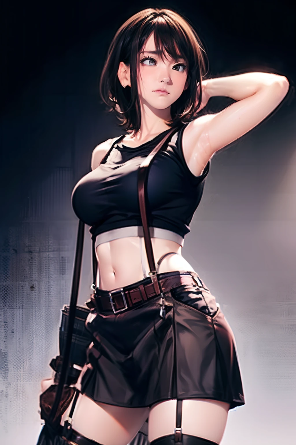 Black skirt, Tank Tops suspenders, Brown hair Gray eyes, Garter belt on the legs, Tight clothes, a belt Armpit sweat deadpan large full breasts short-cut
