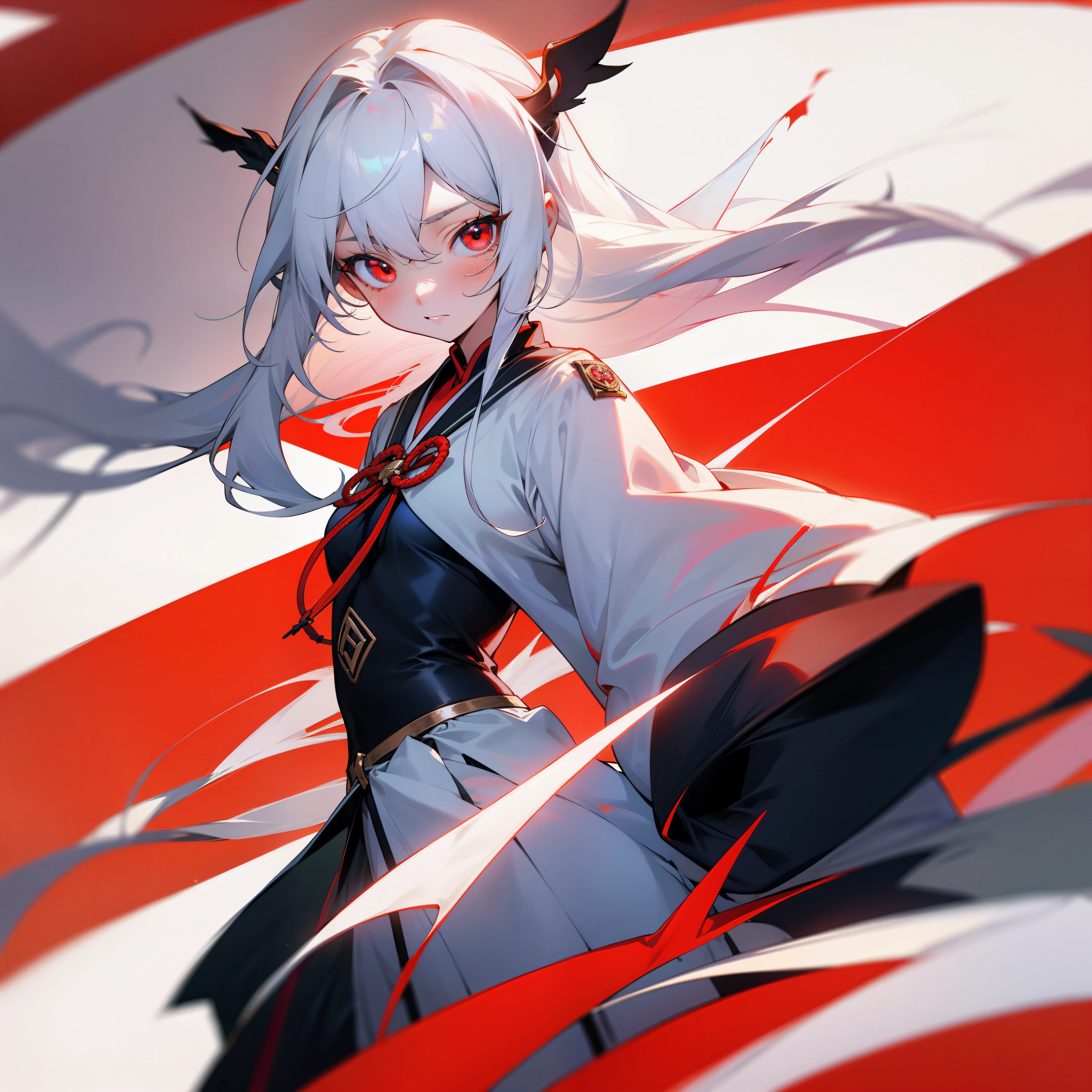 Robin,White-haired girl,long whitr hair,Gargam style,red color eyes,校服