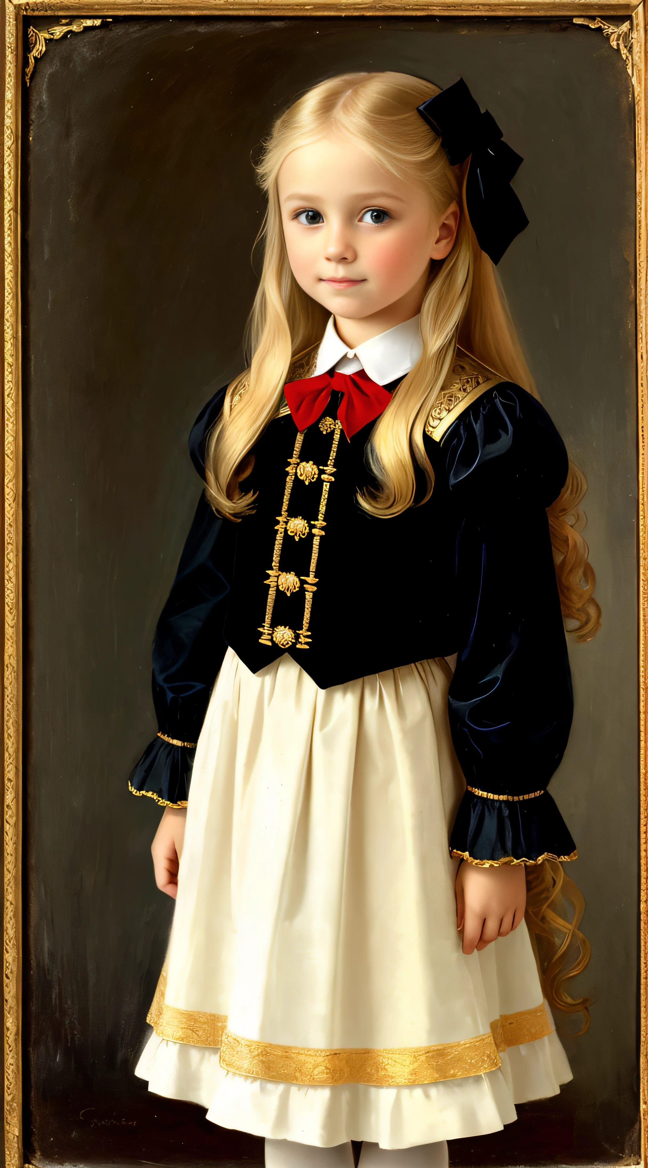 Russian, , Portrait , Long blonde hair and bow,Layered skirt,Noble,opulent,cropped shoulders
