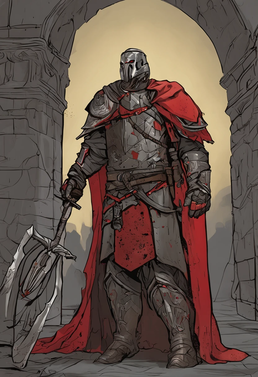 a medieval male Royal lord, scar on the left eye, one red eye, one black eye, gray iron sholder pads, red clothes with clothes under neath light yellow for the arms short dark brown hair and burned away on the left side and without armour instead of blocky a humanbeing no gear no armour red and yellow clothes with the face burned away only iron sholder pads and no chestplate with a huge scar on its face, a small beard no black clothes