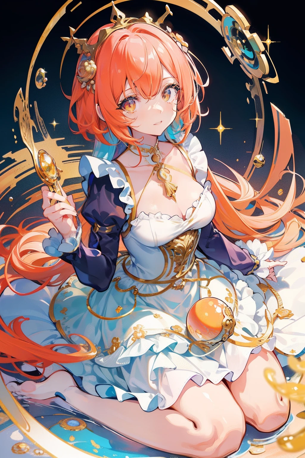 masutepiece, Best Quality, 8K resolution, Sharp Focus, intricate detailes, Beautiful Girl, Sparkling eyes, Golden Ratio Face, Otherworldly liquid, watercolor paiting, Warm colors, Bright colors, capricious, Colorful, Sharp Focus, High resolution, Fine detail, ((Layered Tiered Puffy Long Sleeve Ball Gown)), ((Round eyes)), Iridescent bubbles, Fantasia background
